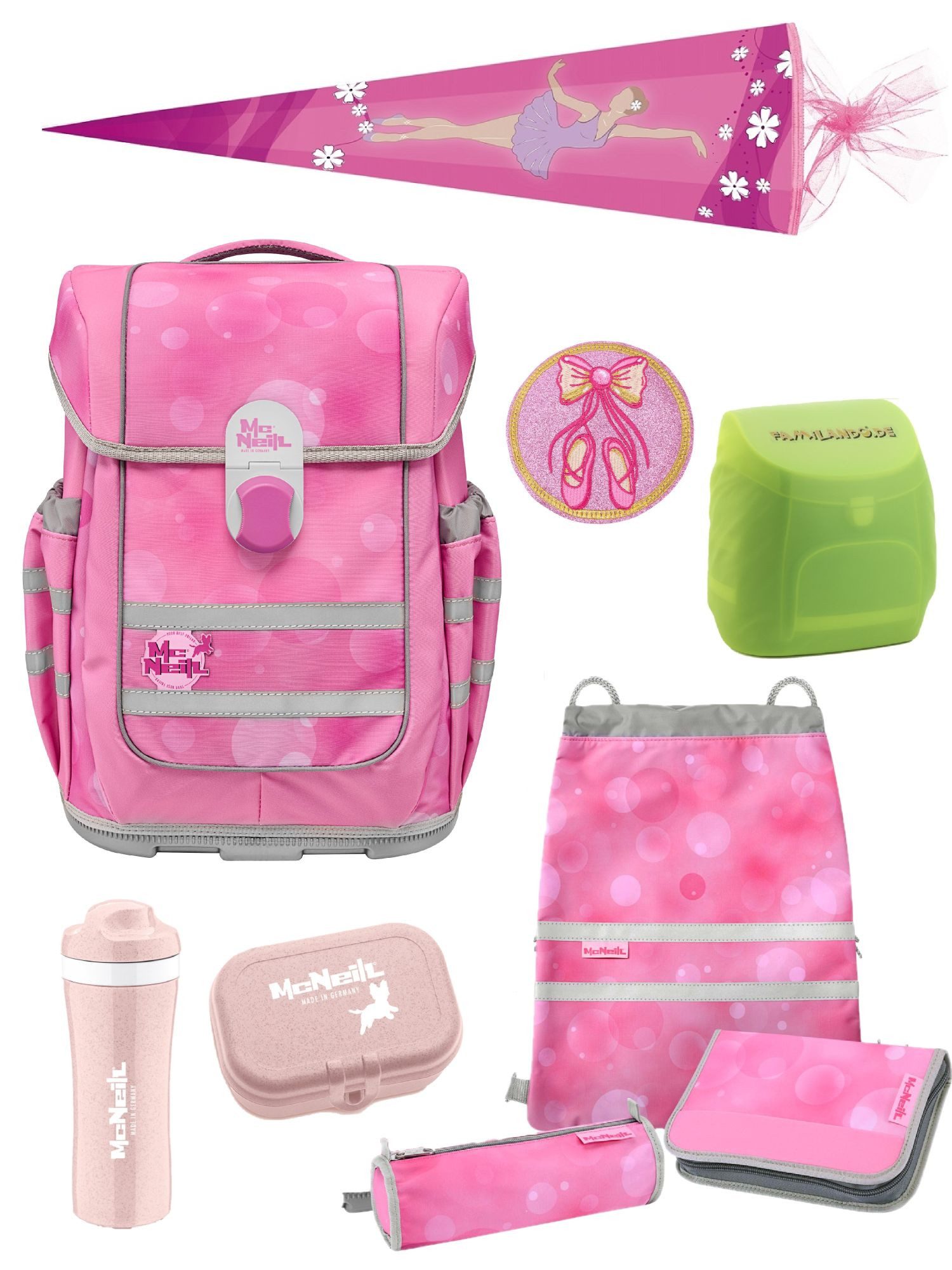 McNeill Schulranzen Ergo Complete 1.-4. Klasse ergonomisch, leicht, Volumen 20 Liter (Set, 9-tlg., inkl. Brotdose, Trinkflasche und Schultüte / Zuckertüte 85cm), ClickFlex-Rückensystem, Reflektoren, inkl. McAddy Ballerina