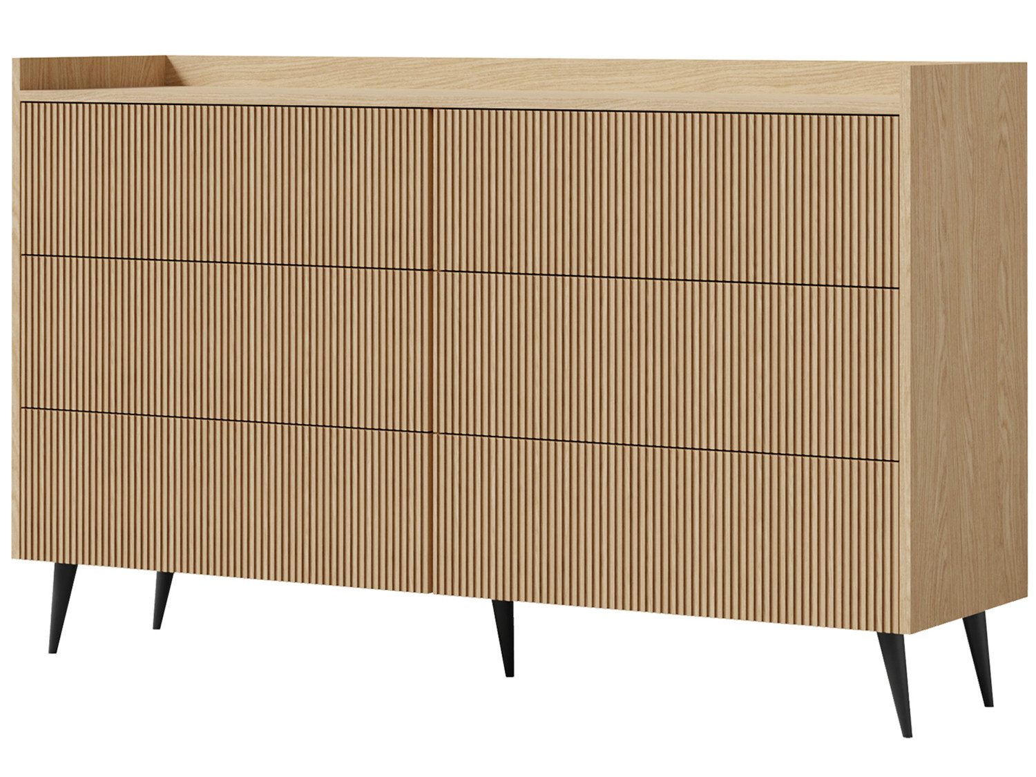 Beautysofa Kommode AMFALI 150 cm mit 6 Schubladen (geriffelte Fronten, schwarze Metallbeine, Push-to-open), Frühlings-Eiche, Nussbaum oder Cashmere