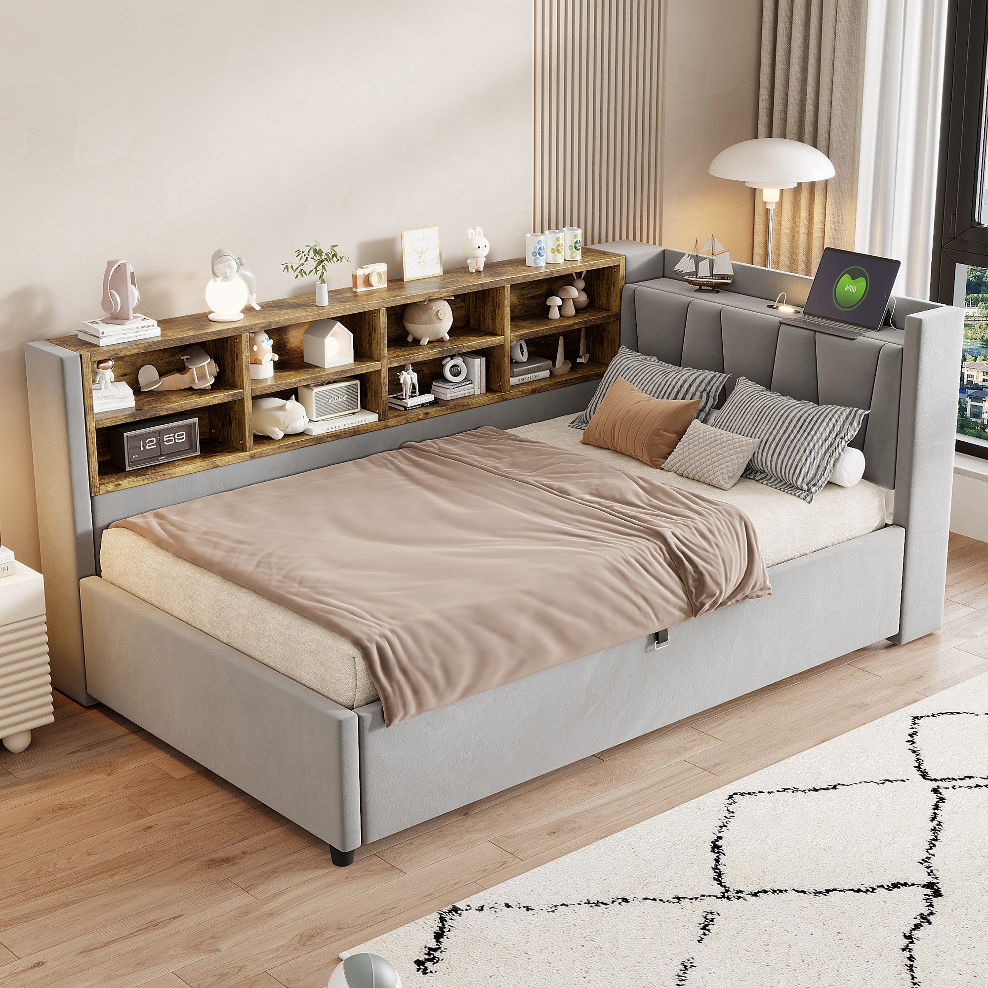 MODFU Schlafsofa Mit Hydraulischem Stauraum, Nachtlicht, USB & Typ-C Ladeanschlüssen, Samt,Polsterbett mit Ablagen und Staufächern, Multifunktionales Kinderbett 90x200 cm, ohne Matratze