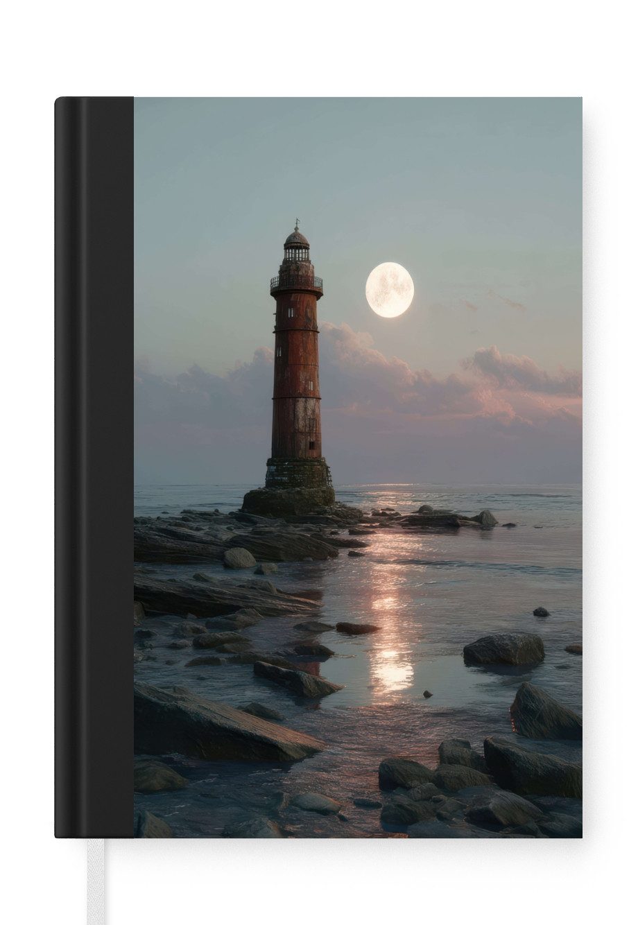 MuchoWow Notizbuch Leuchtturm - Steine - Wasser - Mond, Notebook, Notizblock a5, Tagebuch, Journal Liniert