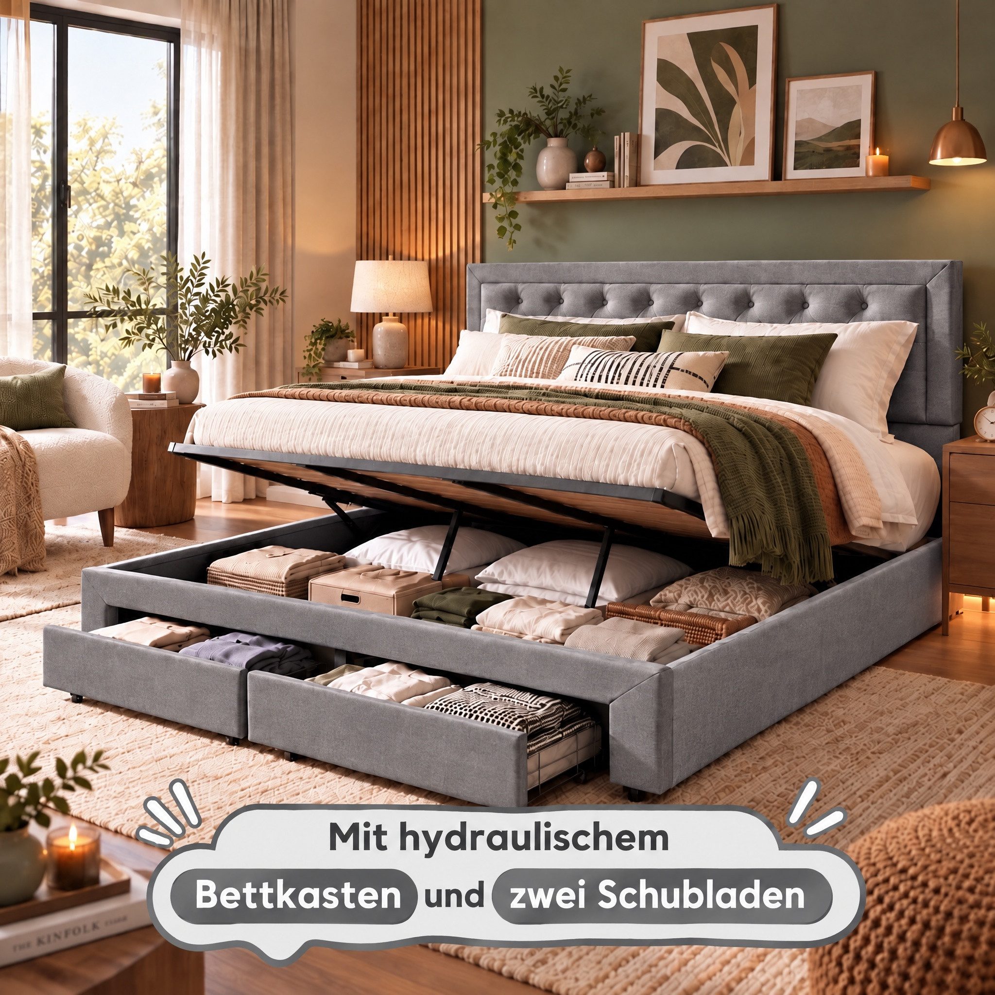 Furnishings Home Polsterbett 180 x 200 Doppelbett LED Hydraulisch anhebbarer Stauraumbett (Mit Lattenrost, Samtmaterial Polsterbett), Modernes Jugendbett, Leises Design Bett, Max. Belastbarkeit 350 kg