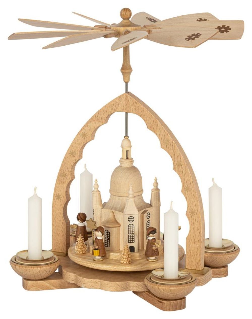 Richard Glaesser Weihnachtspyramide Pyramide Dresdner Frauenkirche mit Kurrende für Teelicht und Kerzen, Handwerkskunst aus dem Erzgebirge