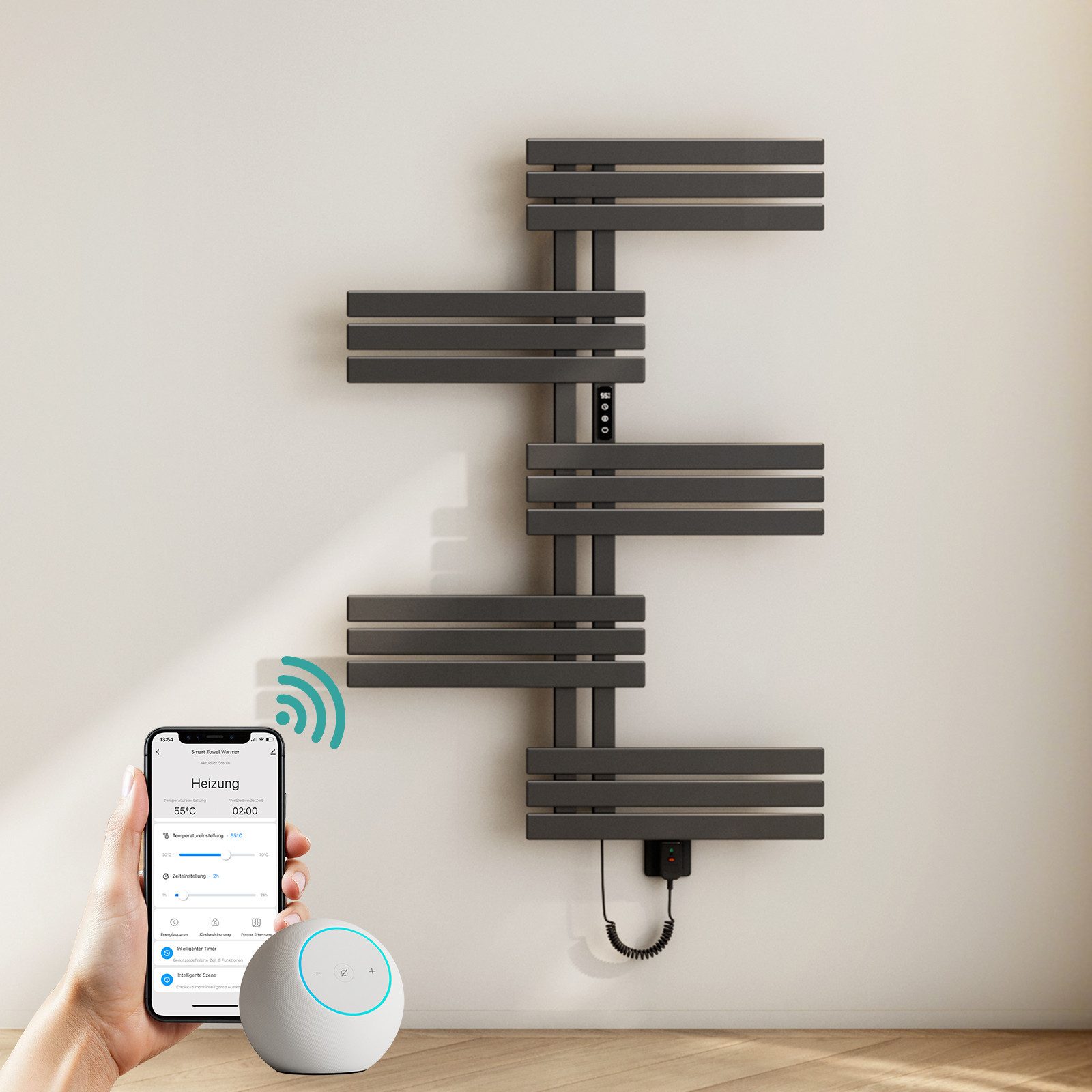 EMKE Elektrischer Badheizkörper Smart Handtuchwärmer mit App-Steuerung, Asymmetrisches Design, 6 Heizprogramme, Wochenprogramm, Timer, Fenster-offen-Erkennung