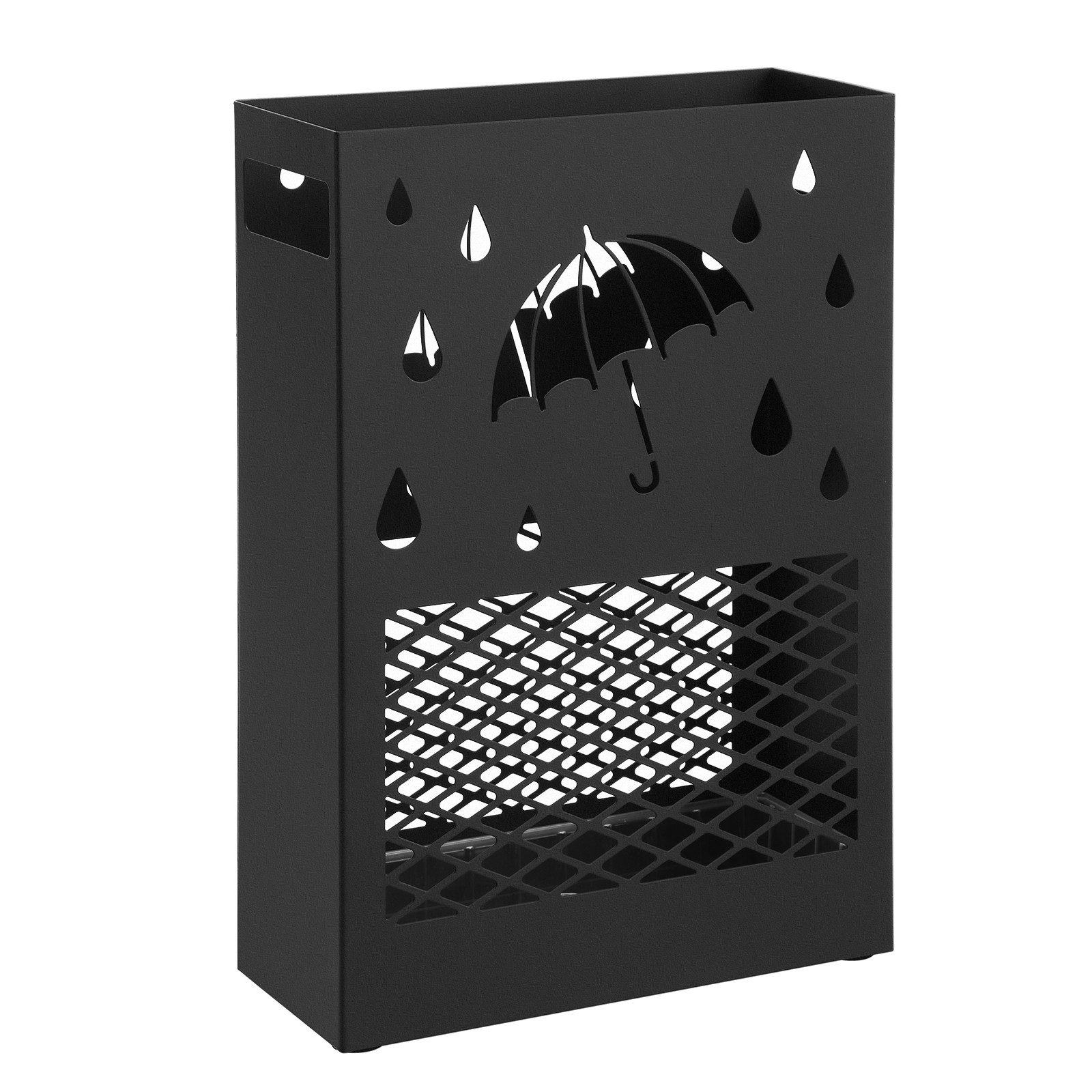SONGMICS Schirmständer, Regenschirmständer aus Metall, herausnehmbare Tropfschale, 4 Haken