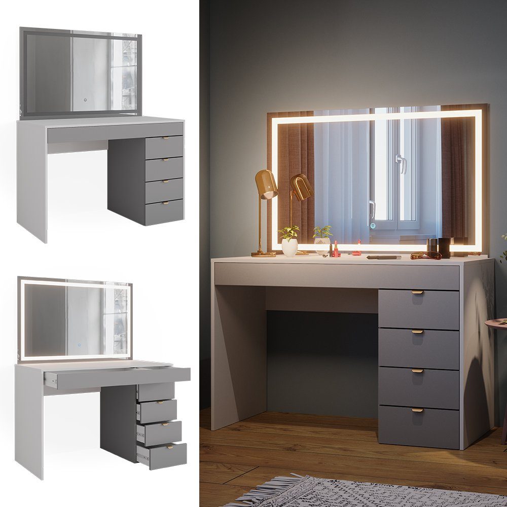 Vicco Schminktisch Elise, Weiß/Grau, 115 cm mit LED-Spiegel (2-St)