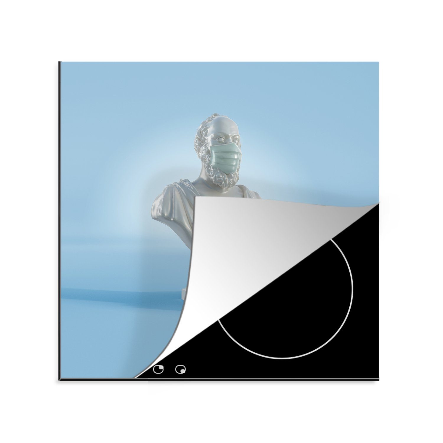 MuchoWow Herdblende-/Abdeckplatte Statue eines alten Mannes mit Mundschutz, Vinyl, (1 tlg), 78x78 cm, Ceranfeldabdeckung, Arbeitsplatte für küche | Herdabdeckplatten