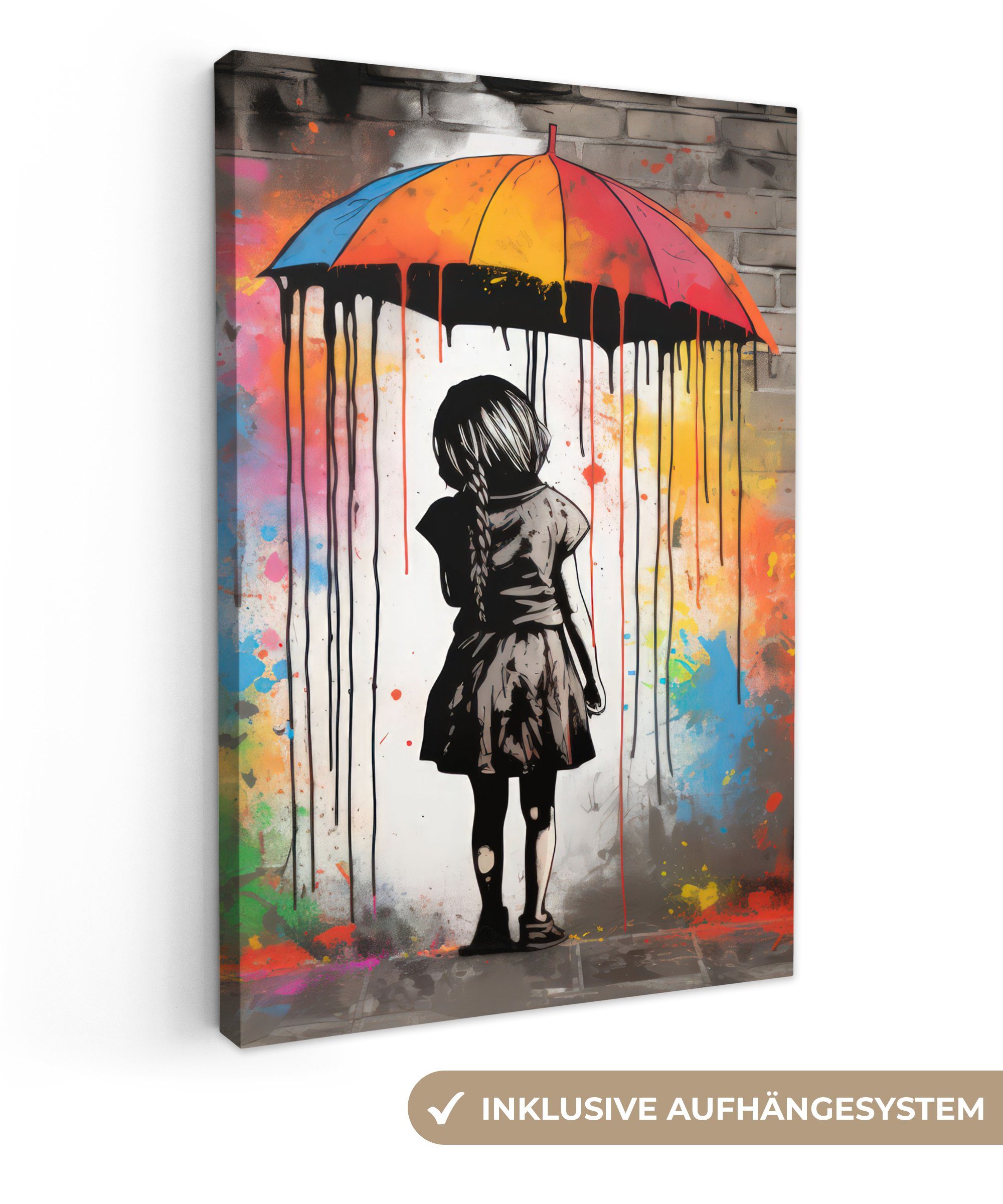 OneMillionCanvasses® Leinwandbild Mädchen - Kunst - Regenschirm - Graffiti - Farben - Wand, (1 St), Leinwandbild fertig bespannt inkl. Zackenaufhänger, Gemälde, 20x30 cm