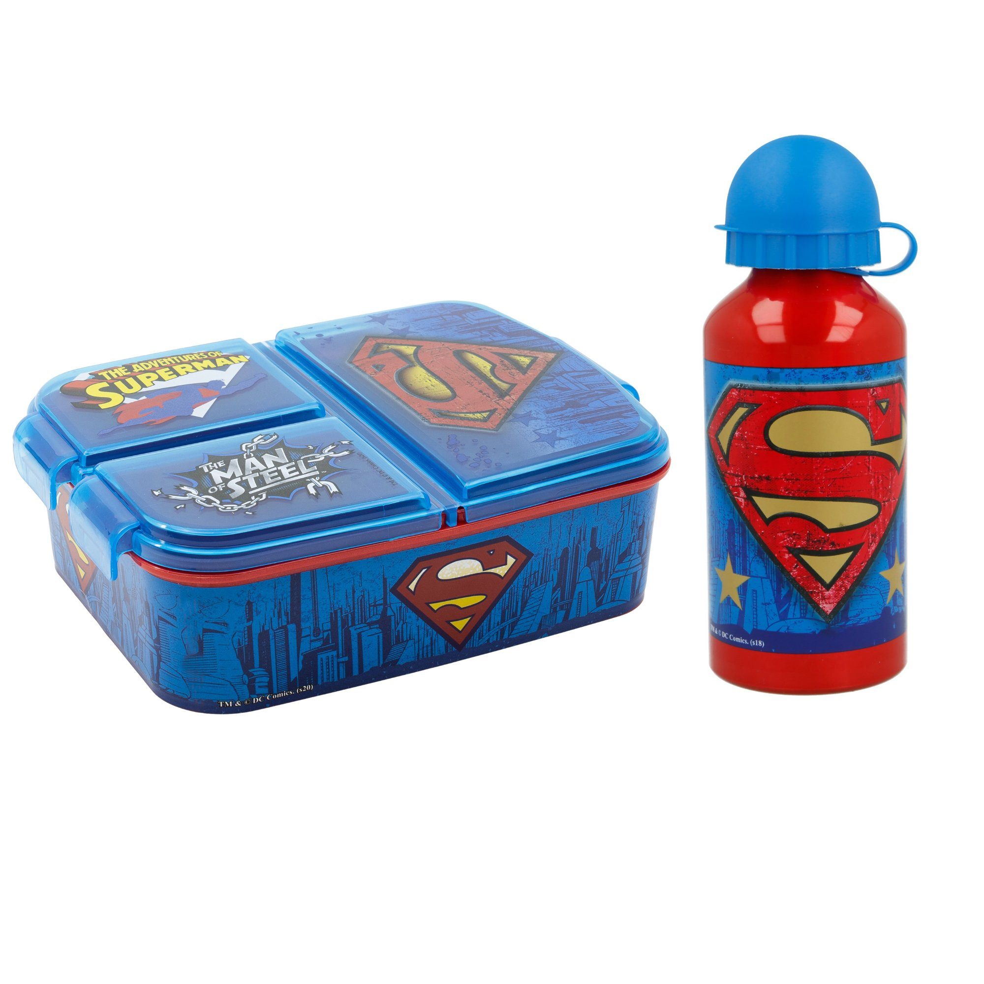 DC Comics Lunchbox DC Comics Superman 2 teiliges Kinder Lunch Set, Kunststoff Aluminium, (2-tlg), 3 Kammern Brotdose Alu-Trinkflasche