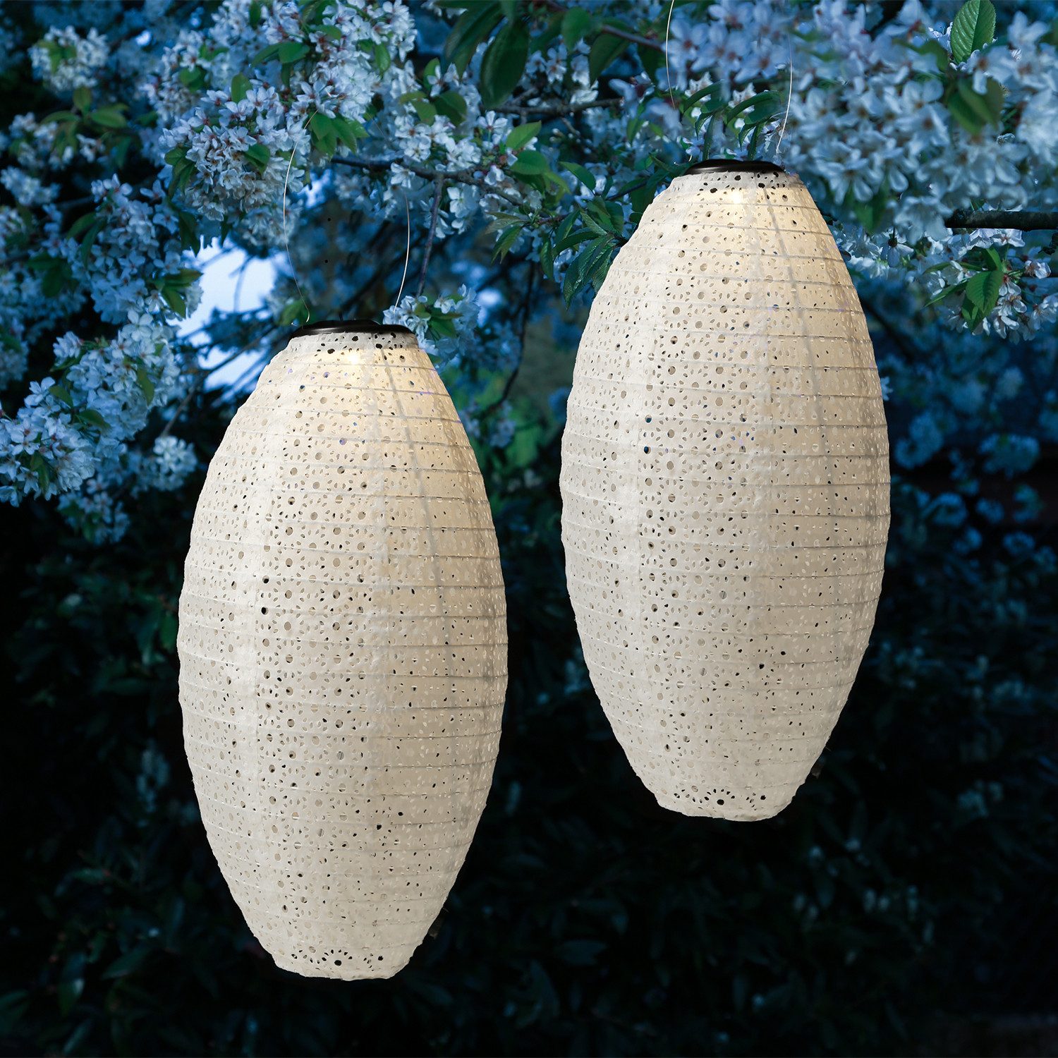MARELIDA LED Lampion Solar Gartenlampions oval mit Blumenmuster weiß H: 38cm Balkon 2er Set, LED Classic, warmweiß (2100K bis 3000K)