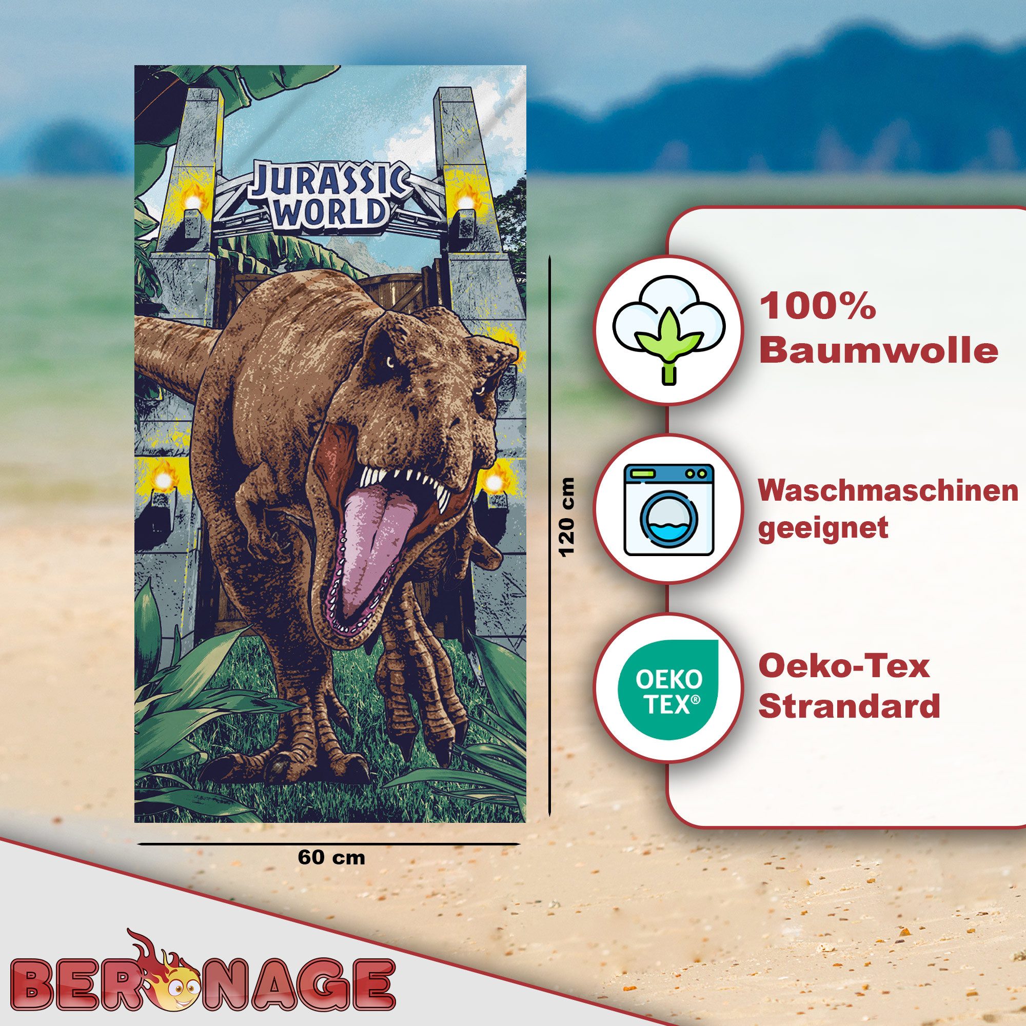 BERONAGE Strandtücher Jurassic World Badetuch T-Rex 60x120 cm, 100% Baumwolle (1-St), Frottee in Velours-Qualität