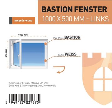 SN DECO GROUP Kellerfenster 1 Flügel 1000x500 Dreh-Kipp 2-fach Verglasung weiß 70 mm Profil, (Set), RC2 Sicherheitsbeschlag