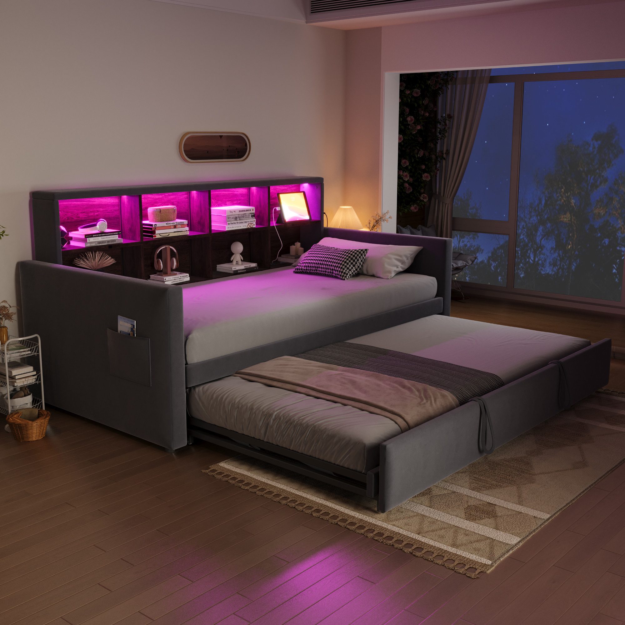 REDOM Schlafsofa mit Ausziehfunktion, LED-Lichtleiste & integrierten Ladeanschlüssen, Samtbezug & Stauraum im Kopfteil, Polsterbett Funktionsbett, ohne Matratze, 90/180x190 cm