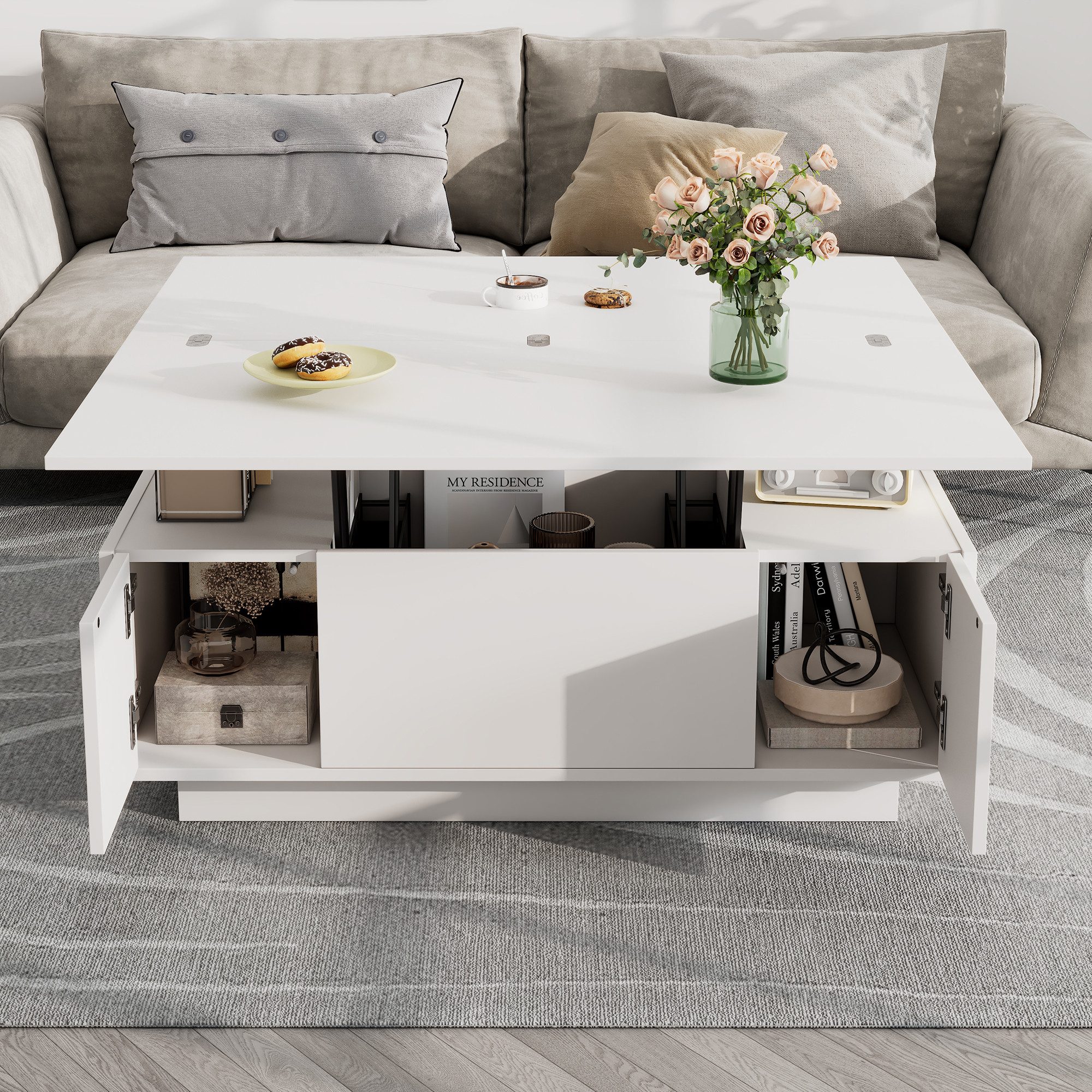 Merax Couchtisch Höhenverstellbarer Kaffeetisch mit Verstecktem Stauraum und Ablage (1-St., 100x50x43cm), Ausziehbarer Wohnzimmertisch Sofatisch für Wohnzimmer – Bild 4 von 5