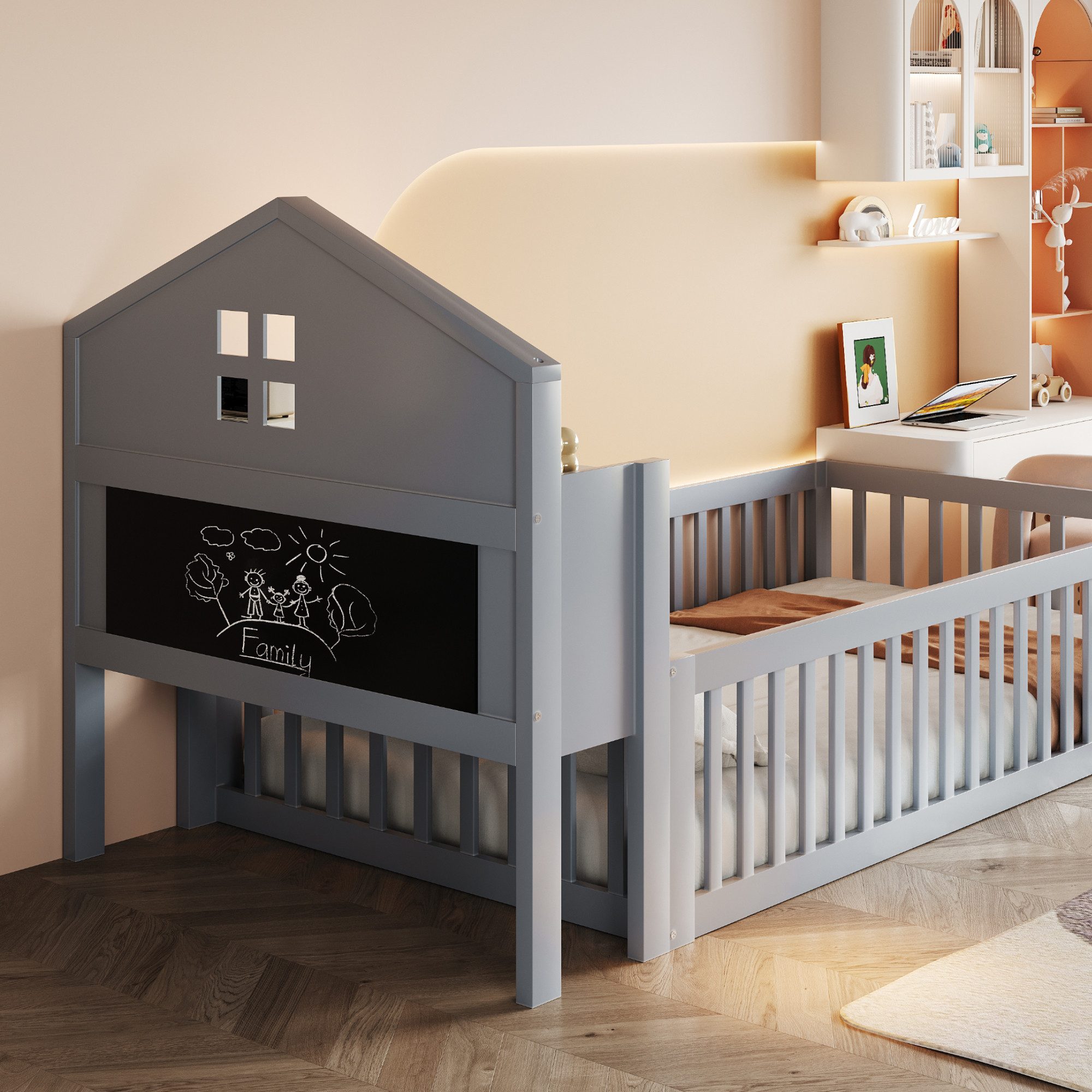Merax Kinderbett 90x200cm mit Tür, Regal und Kreidetafel (1-tlg), Bodenbett mit Lattenrost und Stauraum,Massivholz Hausbett Jugendbett – Bild 4 von 5