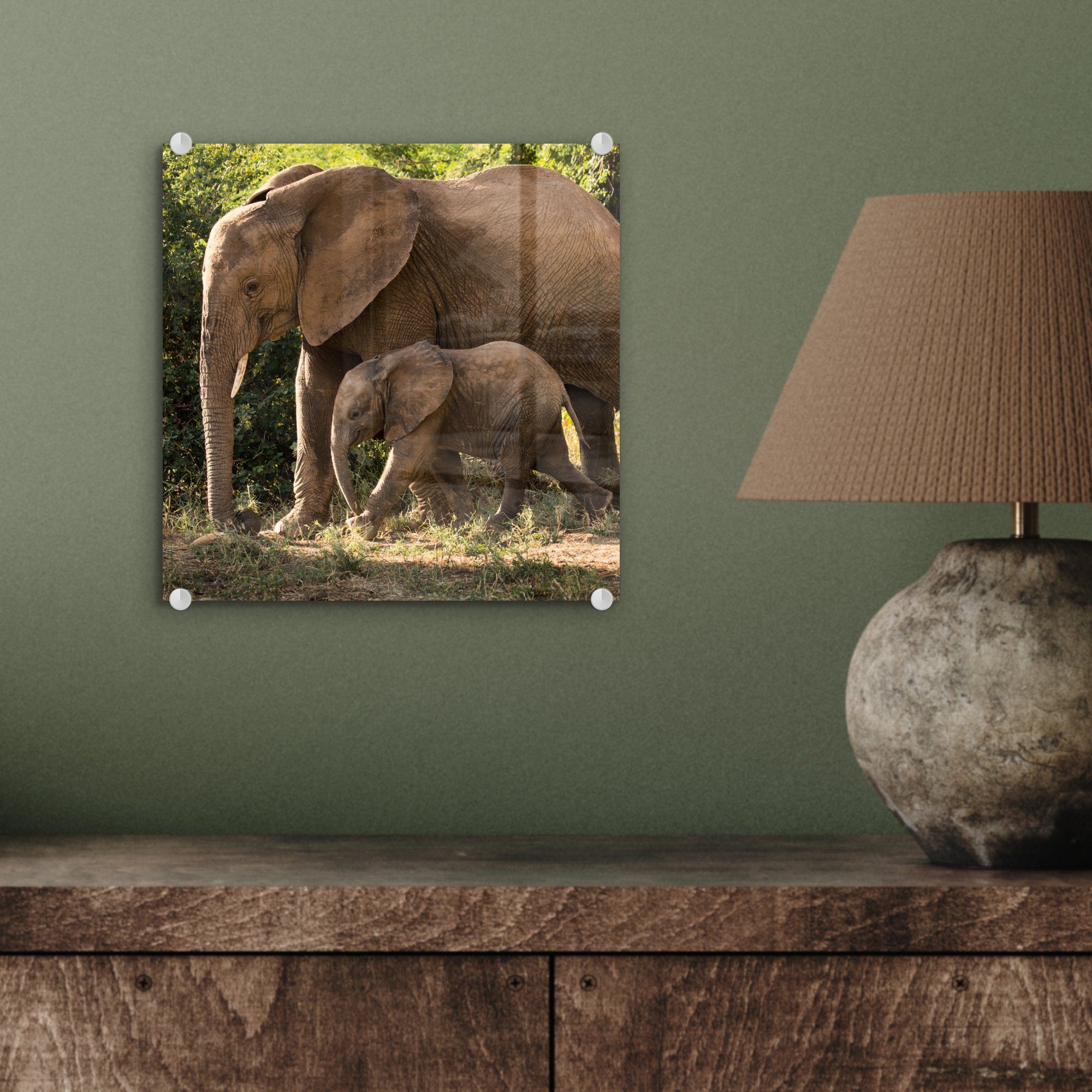 Bilder (1 - MuchoWow Mutter, St), Acrylglasbild - Glasbilder Elefantenbaby auf Wanddekoration Wanderndes Foto auf seiner Glas Wandbild Glas - mit