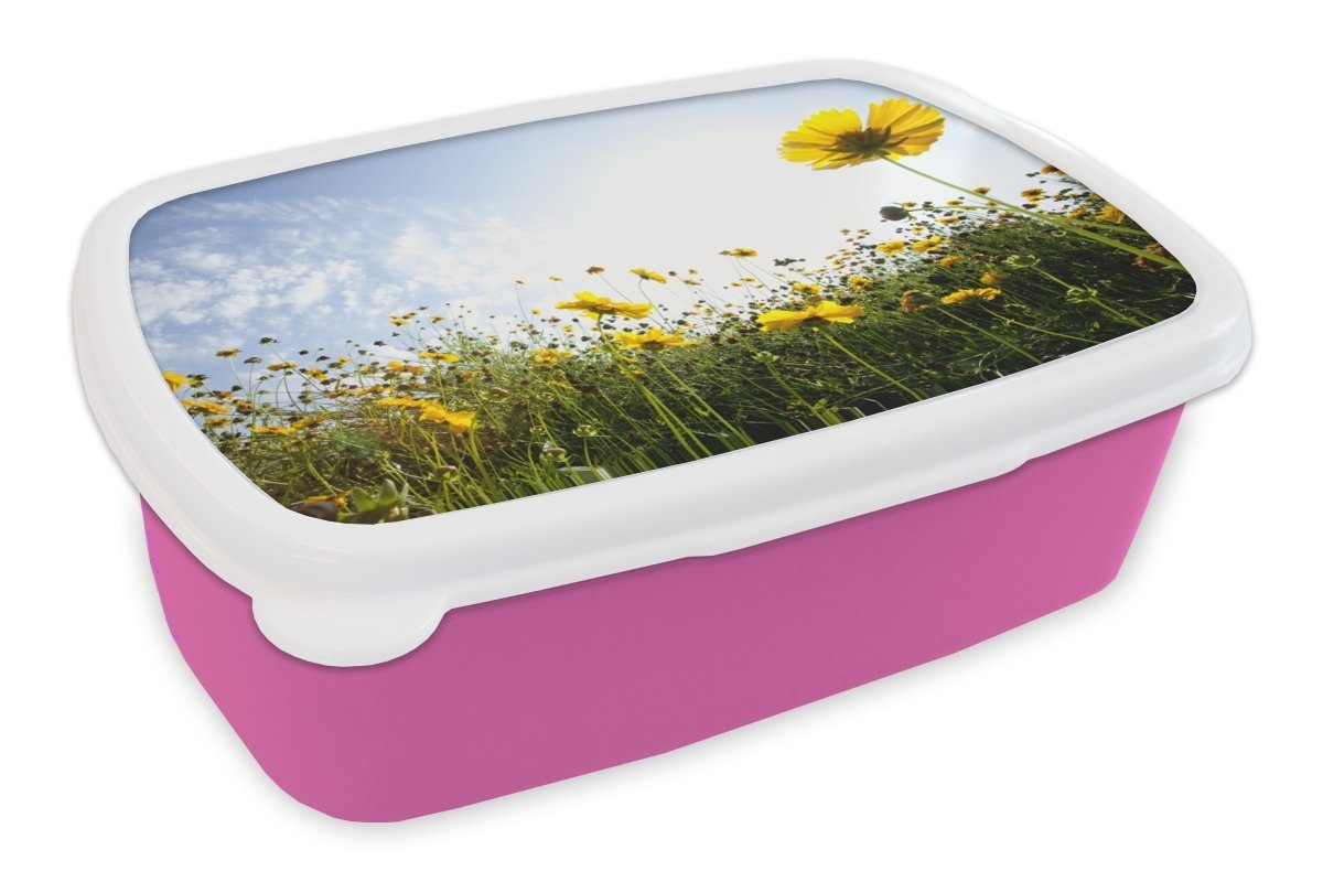 MuchoWow Lunchbox Gelbes Blumenfeld, Kunststoff, (2-tlg), Brotbox für Erwachsene, Brotdose Kinder, Snackbox, Mädchen, Kunststoff rosa