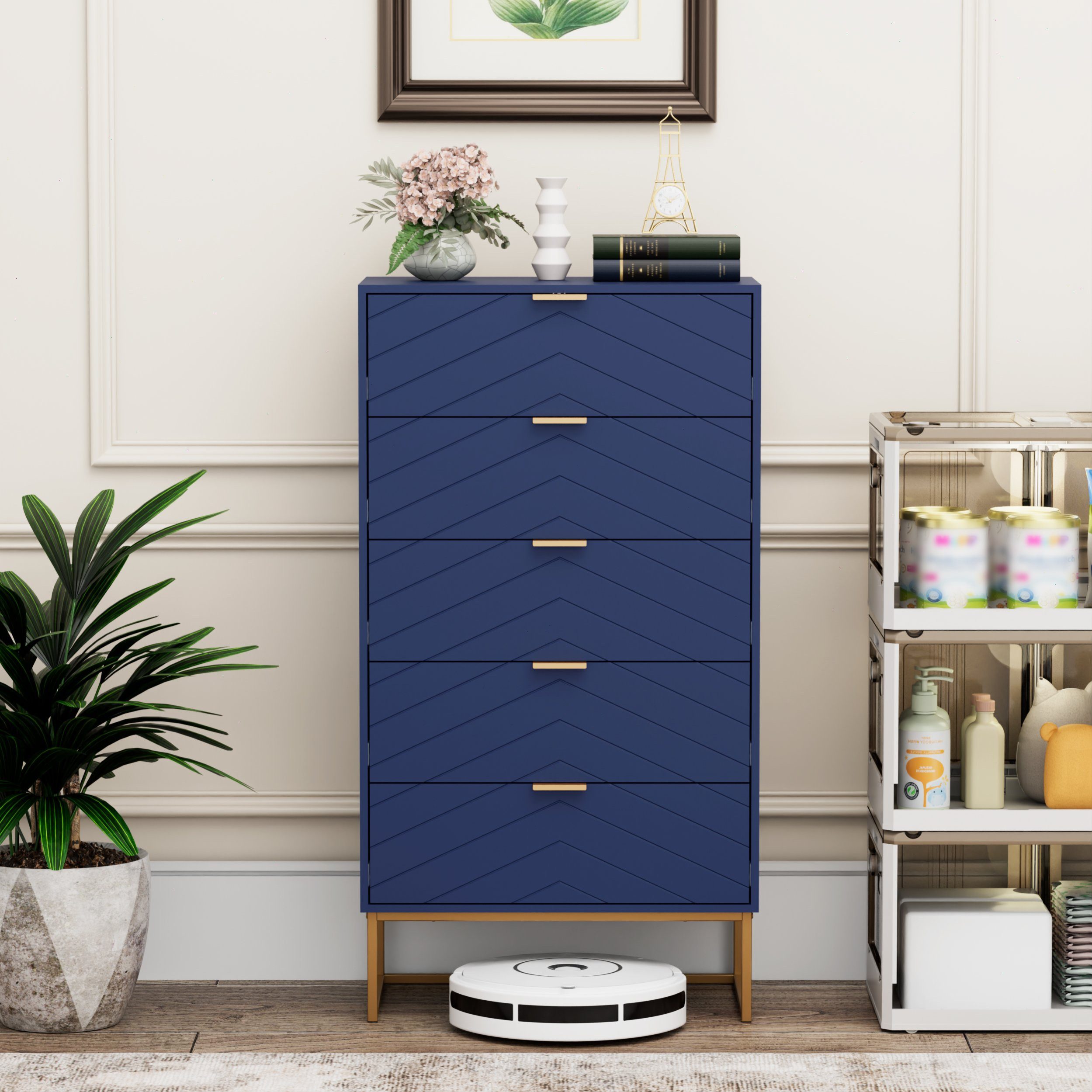 UEV Kommode mit 5 Schublanden, Sideboard, Schubladenschrank, Schmal kommode modern (60x34x110cm, Schrank für Wohnzimmer Schlafzimmer Flur Büro), mit Kippschutz Aufbewahrungskommode, Mehrzweckschrank aus Holz
