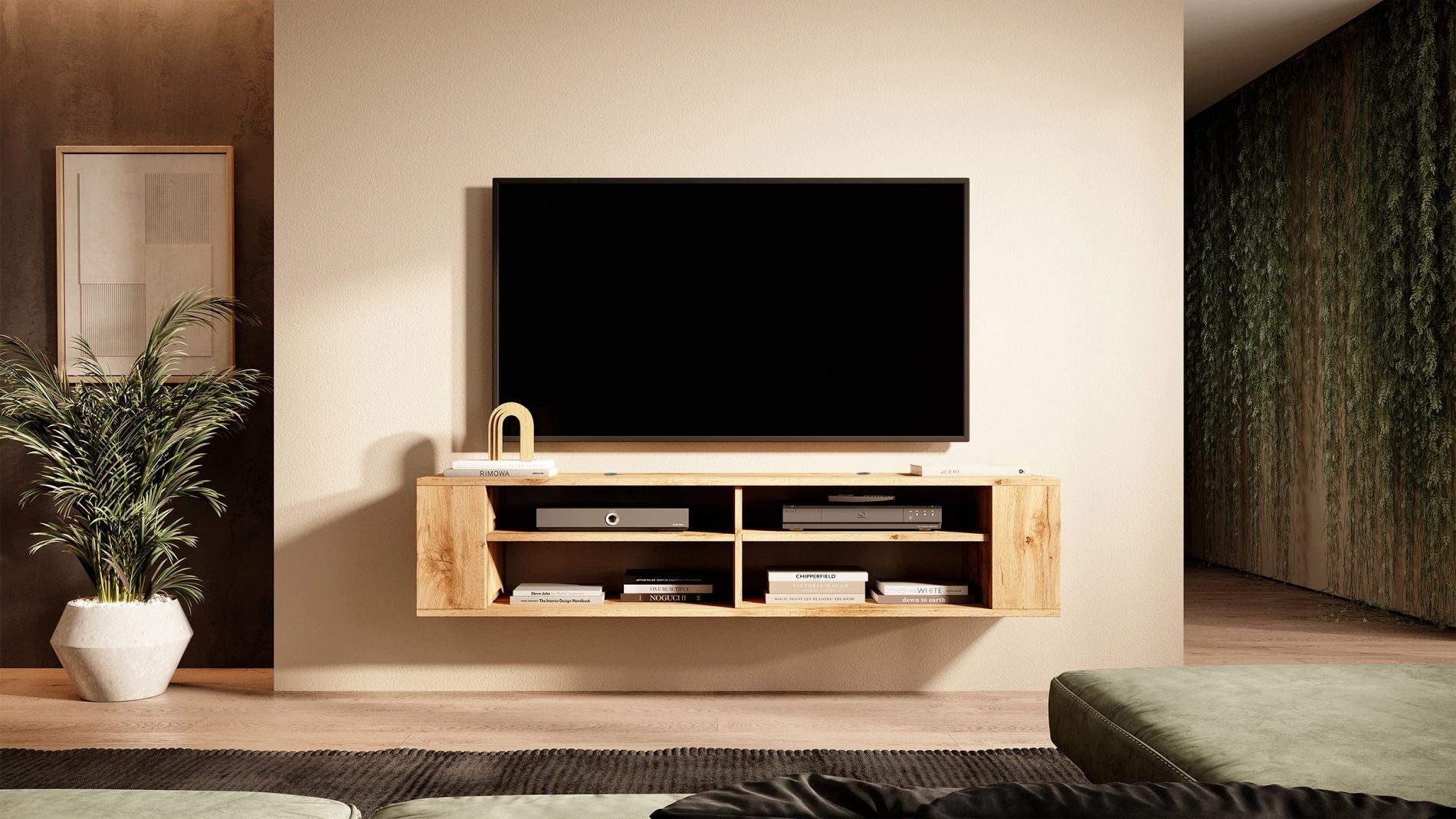 Selsey TV-Schrank WALL zur Wandmontage mit offenen Fächern, weiß / schwarz / Eiche-Optik
