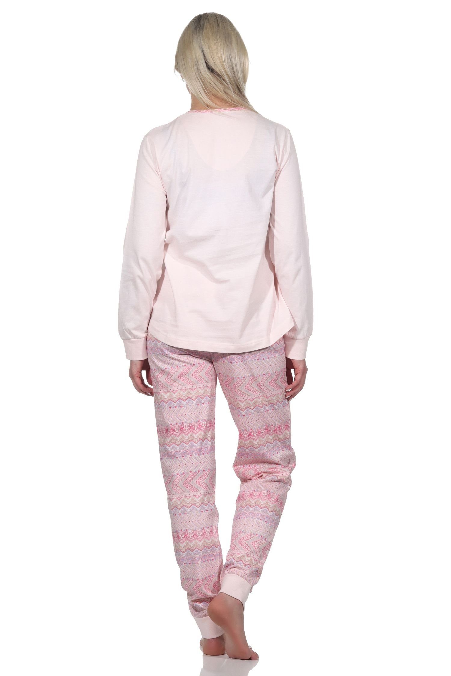 Ethnolook Bündchen Damen Normann Übergrößen im Schlafanzug mit lang auch - in rosa Pyjama