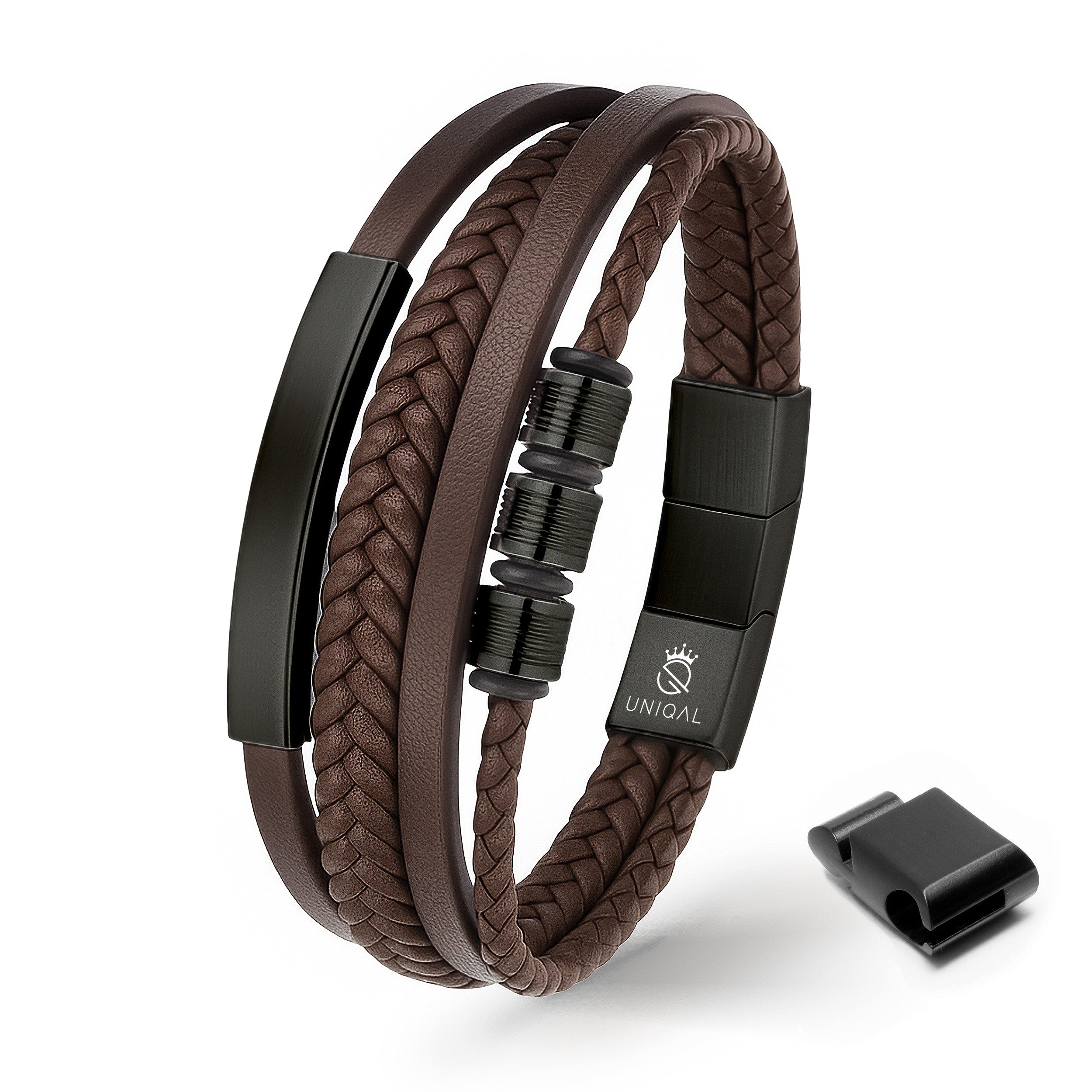 UNIQAL.de Lederarmband Herren "SHAPE" handgefertigt, geflochten, verstellbar (Klassisch, casual, elegant), aus Rindsleder, Edelstahl-Magnetverschluss mit Verlängerungsglied