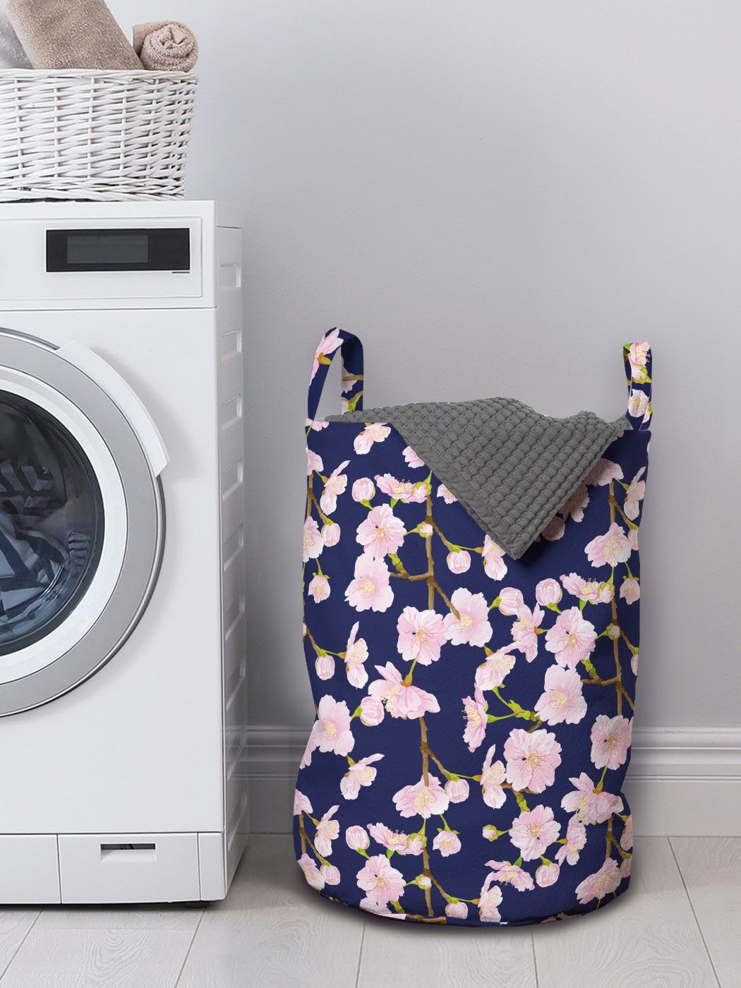 Abakuhaus Wäschesäckchen Wäschekorb mit Griffen für Waschsalons, Kordelzugverschluss Sommer-Rosa Kirschblüten-Bild