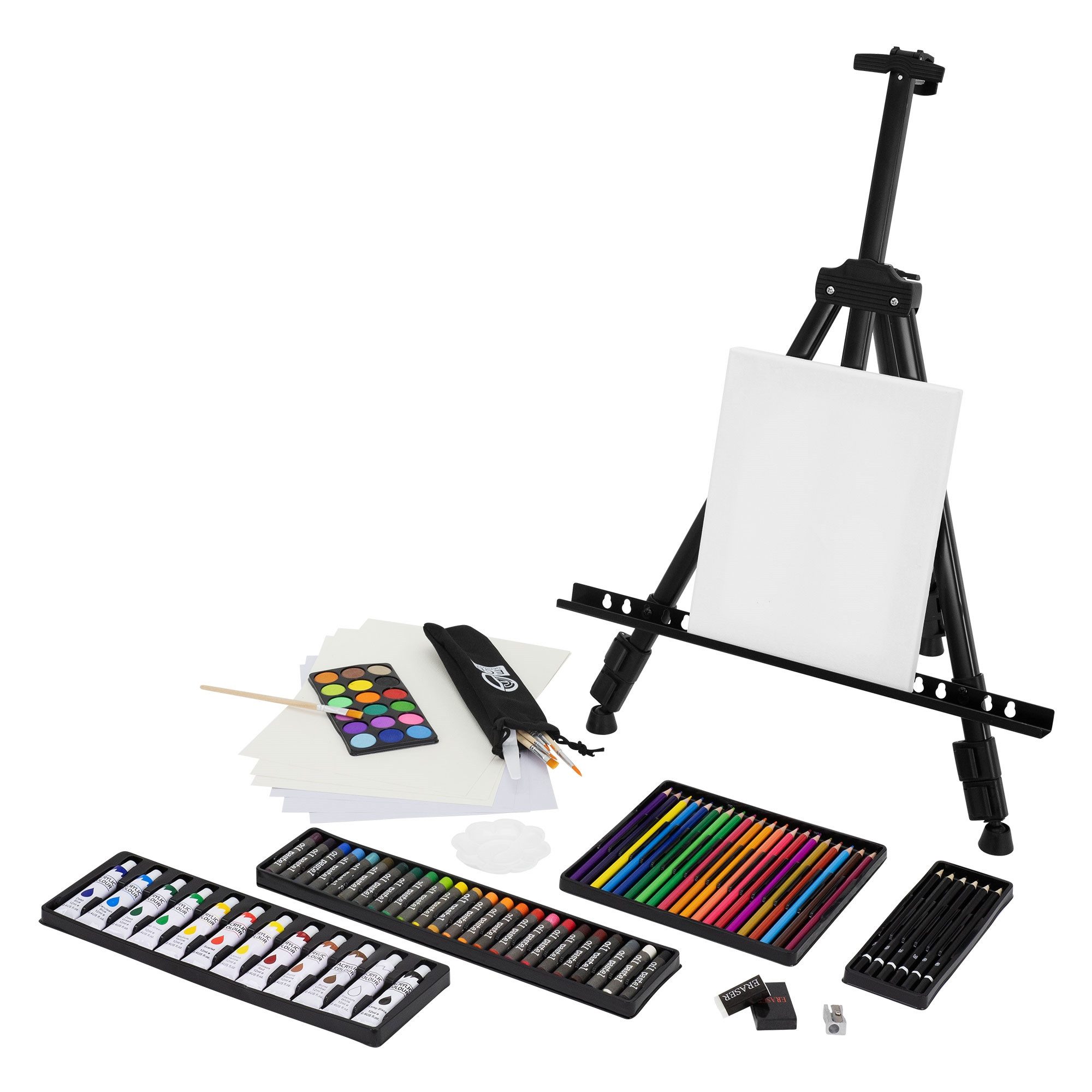 ECD Germany Standstaffelei Kunst- und Zeichenset Malkoffer für Kinder und Erwachsene, Malset 140-Teilig mit Staffelei, Wasserfaben Pastelkreide Pinselset