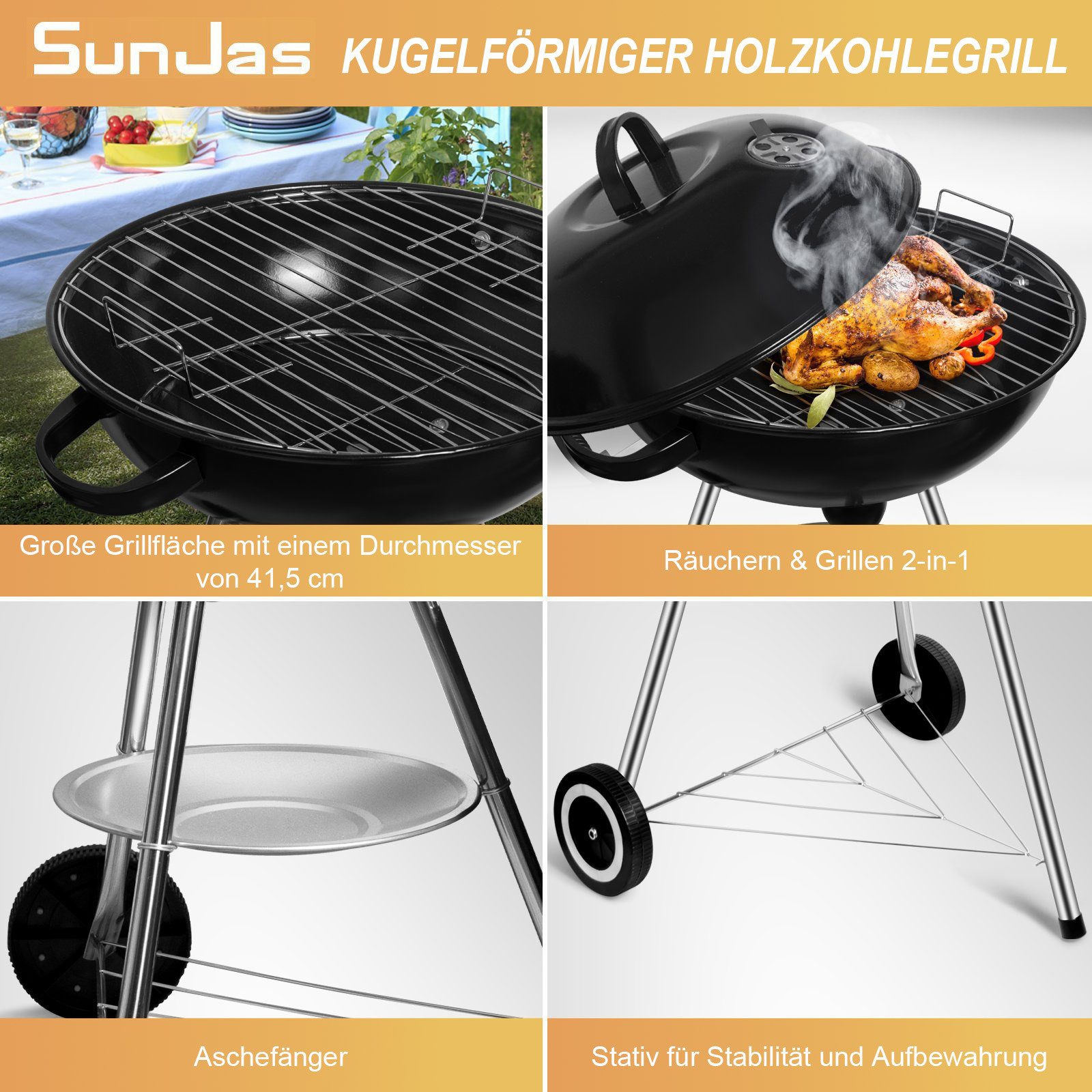 SunJas Holzkohlegrill CA-20 Neu Kugelgrill Campinggrill mit Luftventilen Deckel und Rädern, BBQ Kugelgrill XXL Standgrill Grillwagen Rundgrill kohlegrill