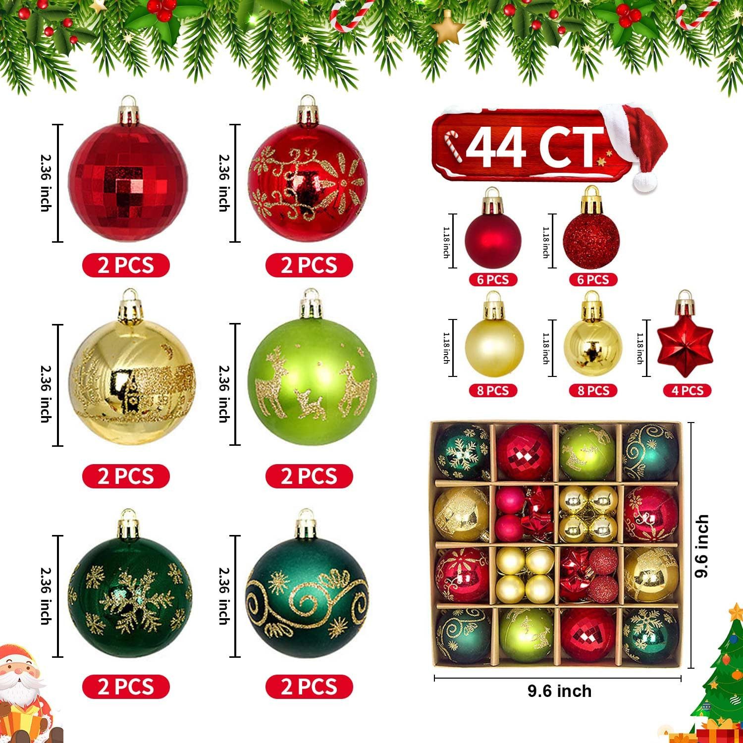 Coonoor Weihnachtsbaumkugel Weihnachtskugeln 44-teiliges Weihnachtskugel-Ornament-Set (44 St), bruchsichere Weihnachtsbaum-Hängekugel-Ornament-Dekorationen