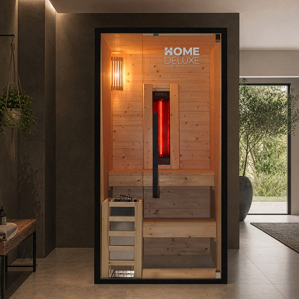 HOME DELUXE Sauna Kombisauna - EVEREST, BxTxH: 100 x 120 x 190 cm, 44 mm, (3,6 kW Ofen & 1x Infrarot-Vollspektrumstrahler), Infrarotkabine, Hybridsauna