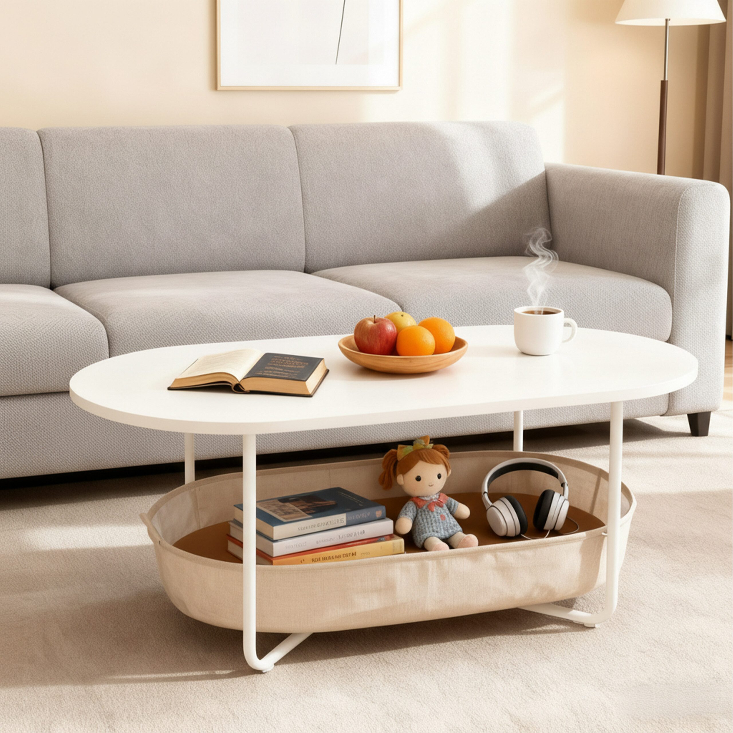 relaxdays Couchtisch Ovaler Couchtisch mit Stauraum, Weiß-Beige