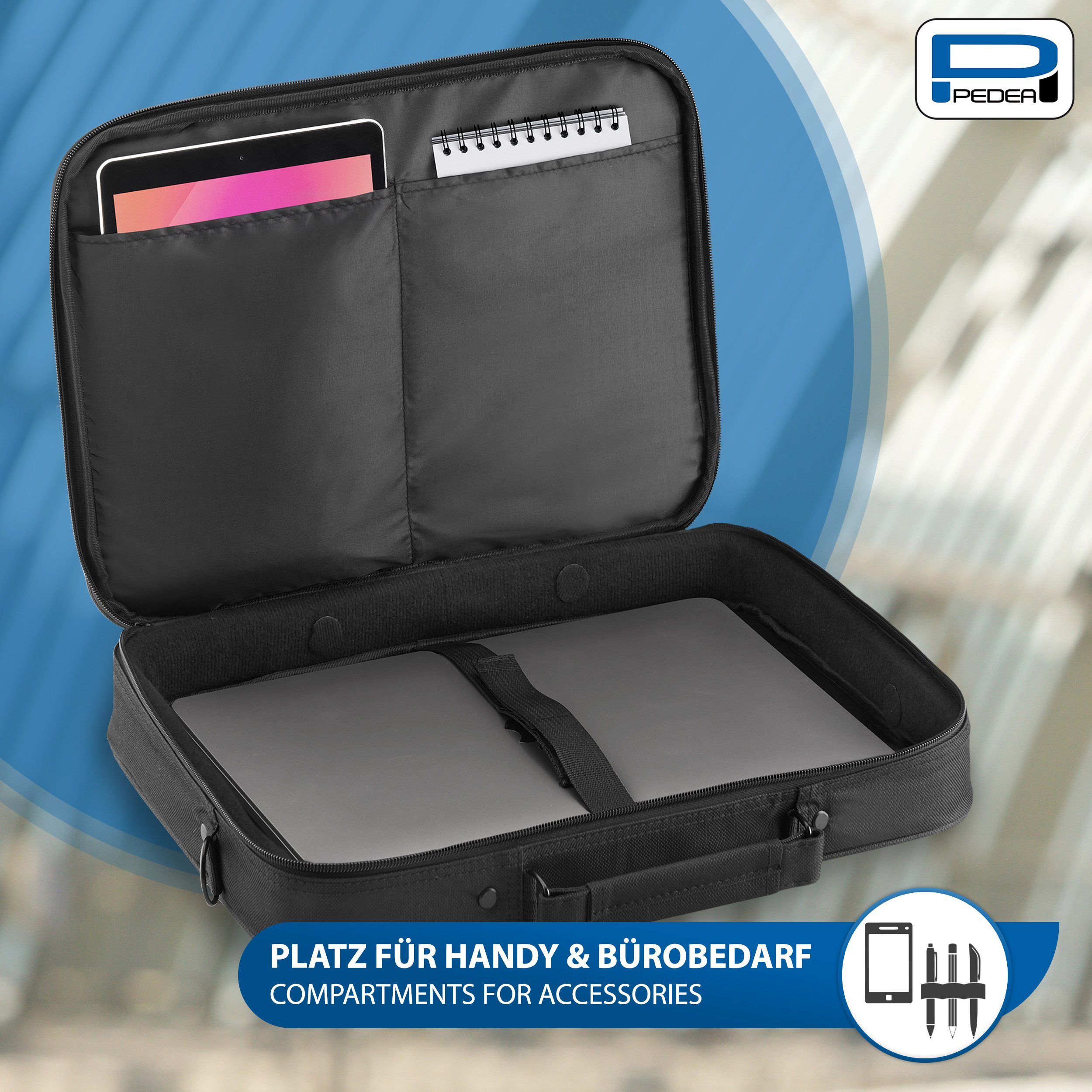 PEDEA Laptoptasche FAIR Notebooktasche für 13,3 / 15,6 / 17,3 Zoll (Laptopfach: 38,5 cm x 28 cm x 4,5 cm (BxHxT), bis 15,6 Zoll (39,6 cm) Schutzrahmen, wasserabweisend, Schultergurt