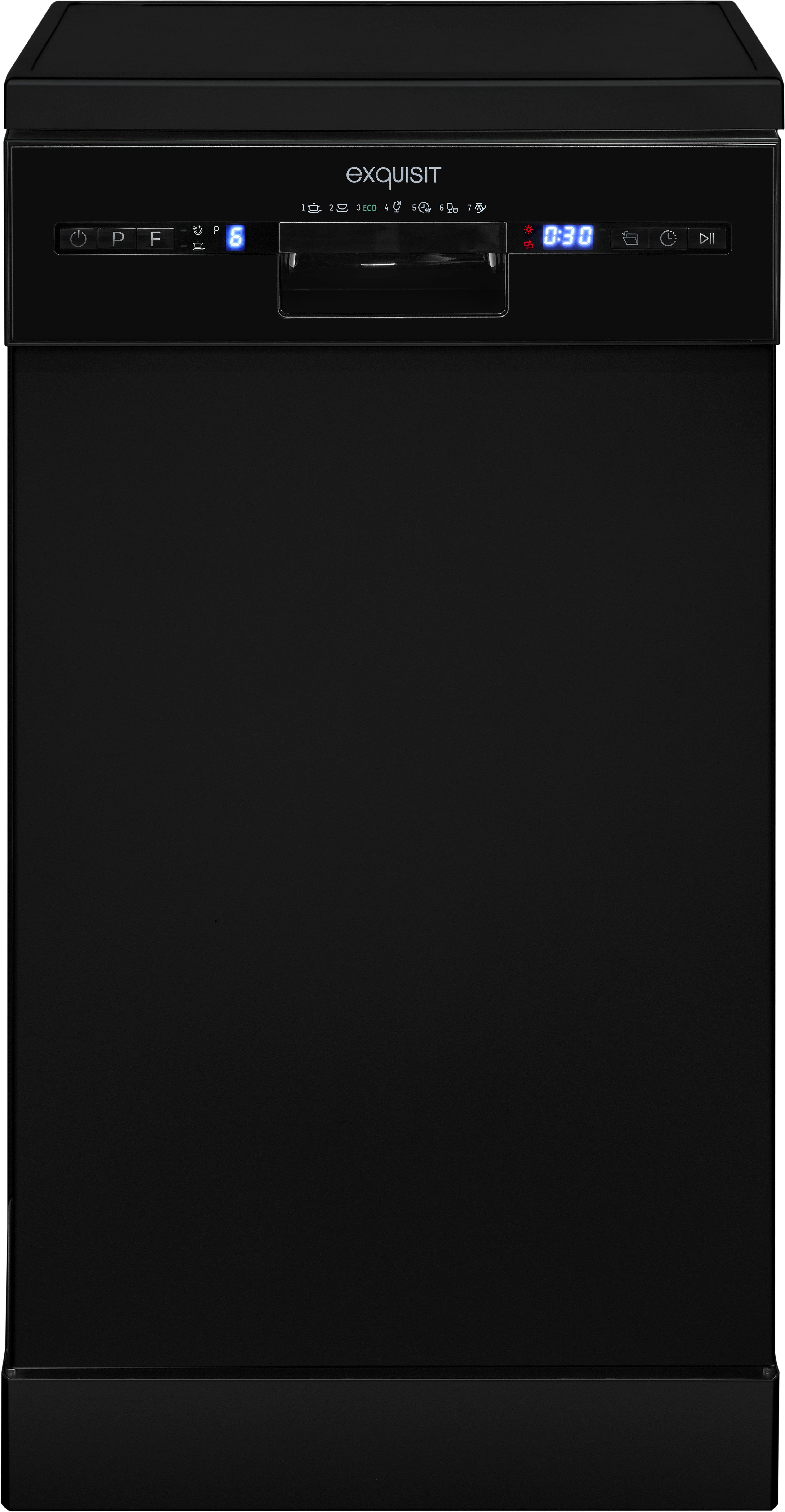 exquisit Standgeschirrspüler GSP9310-031C schwarz, 8,3 l, 10 Maßgedecke, 10 Maßgedecke, 7 Programme, LED, Besteckkorb, Auto Door Open, AquaStop