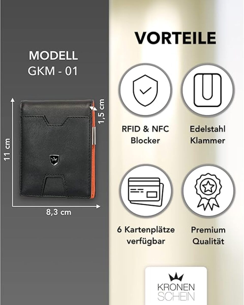 Kronenschein Geldbörse Kronenschein Slim Wallet mit Münzfach & RFID Schutz Schwarz/Orange – Bild 5 von 5