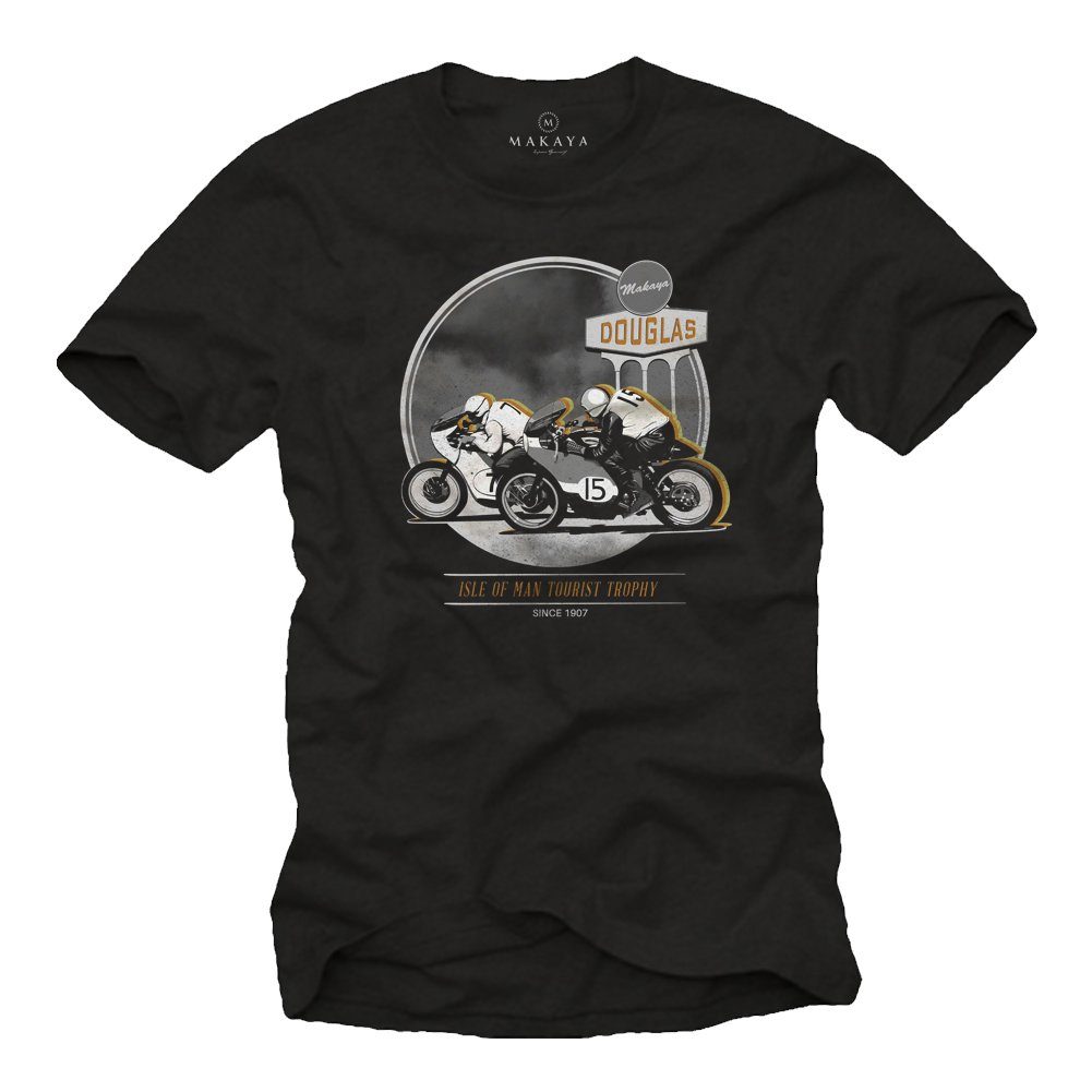 mit Bekleidung Männer Vintage Druck, Motorrad T-Shirt Schwarz Cafe aus Herren MAKAYA Racer Biker Baumwolle Motiv