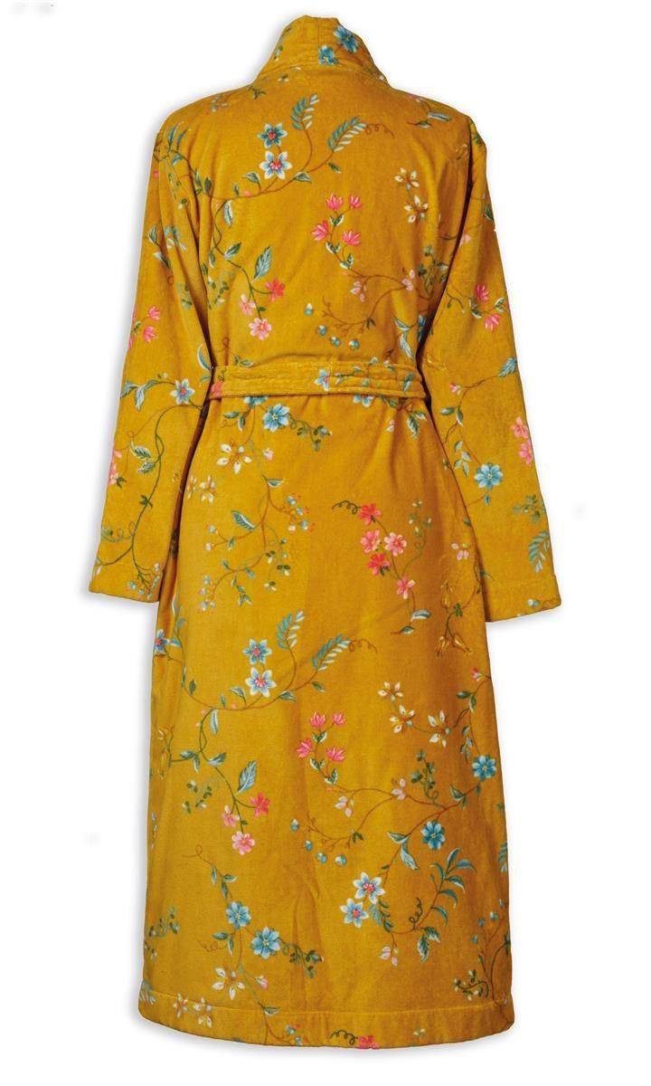 PiP Studio Bademantel Les Fleurs in Yellow, Baumwolle, Schalkragen, Bindegürtel