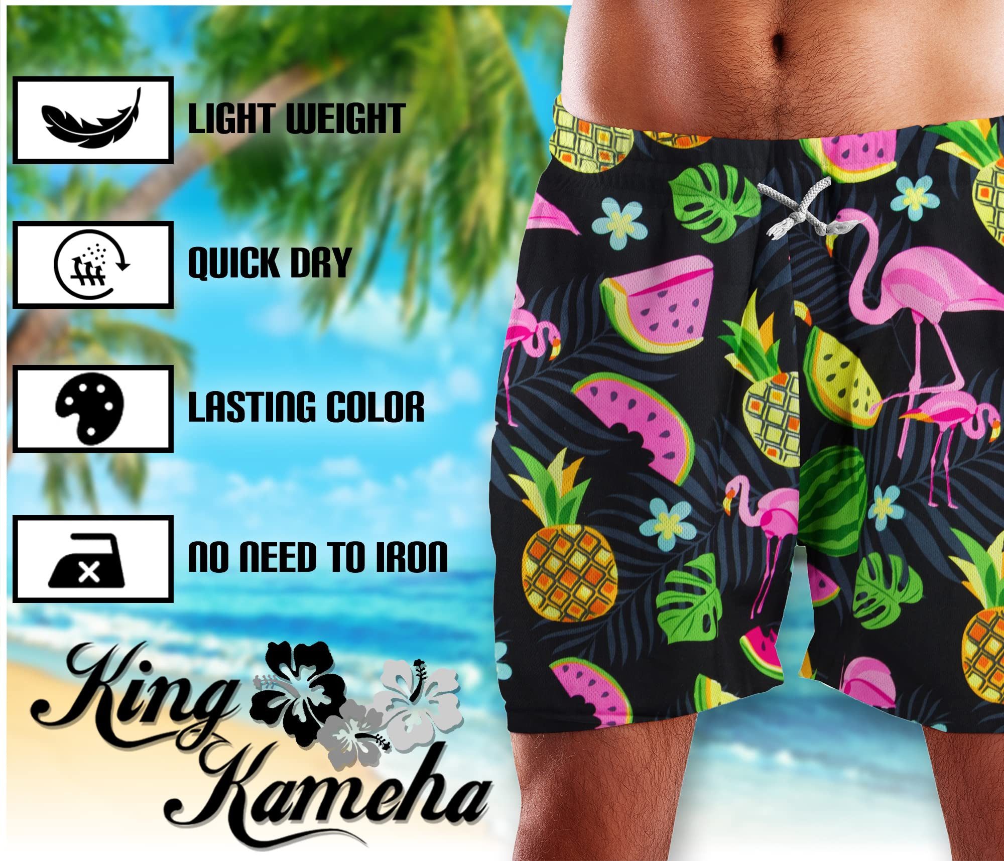 King Kameha Badeshorts Flamingo Melone Hawaii Bade-Shorts Mesh-Einsatz Verschluss Kordelzug Mit integriertem Mesh-Innenslip für extra Komfort