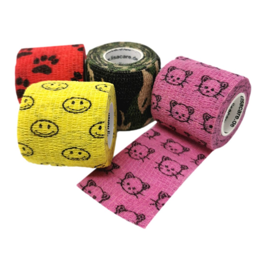 LisaCare Wundpflaster Selbstklebender Pflasterverband - Kohäsiver Wundverband (Motiv-Set, 4 St., Pfote, Katze, Camouflage & Smiley / 5cm x 4,5m), Perfekt für Kinder!