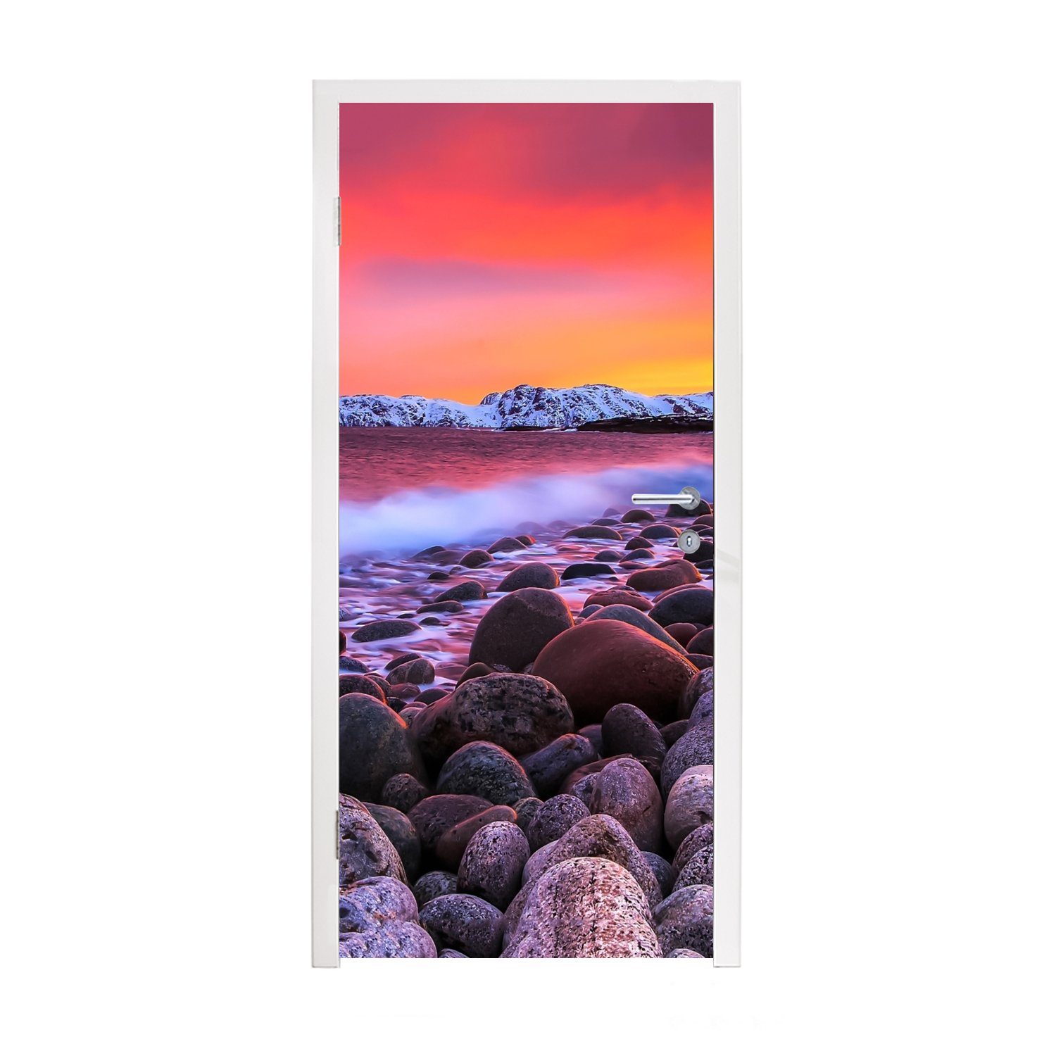 MuchoWow Türtapete Sonne - Steine - Schnee - Landschaft - Wasser, Matt, bedruckt, (1 St), Fototapete für Tür, Türaufkleber, 75x205 cm
