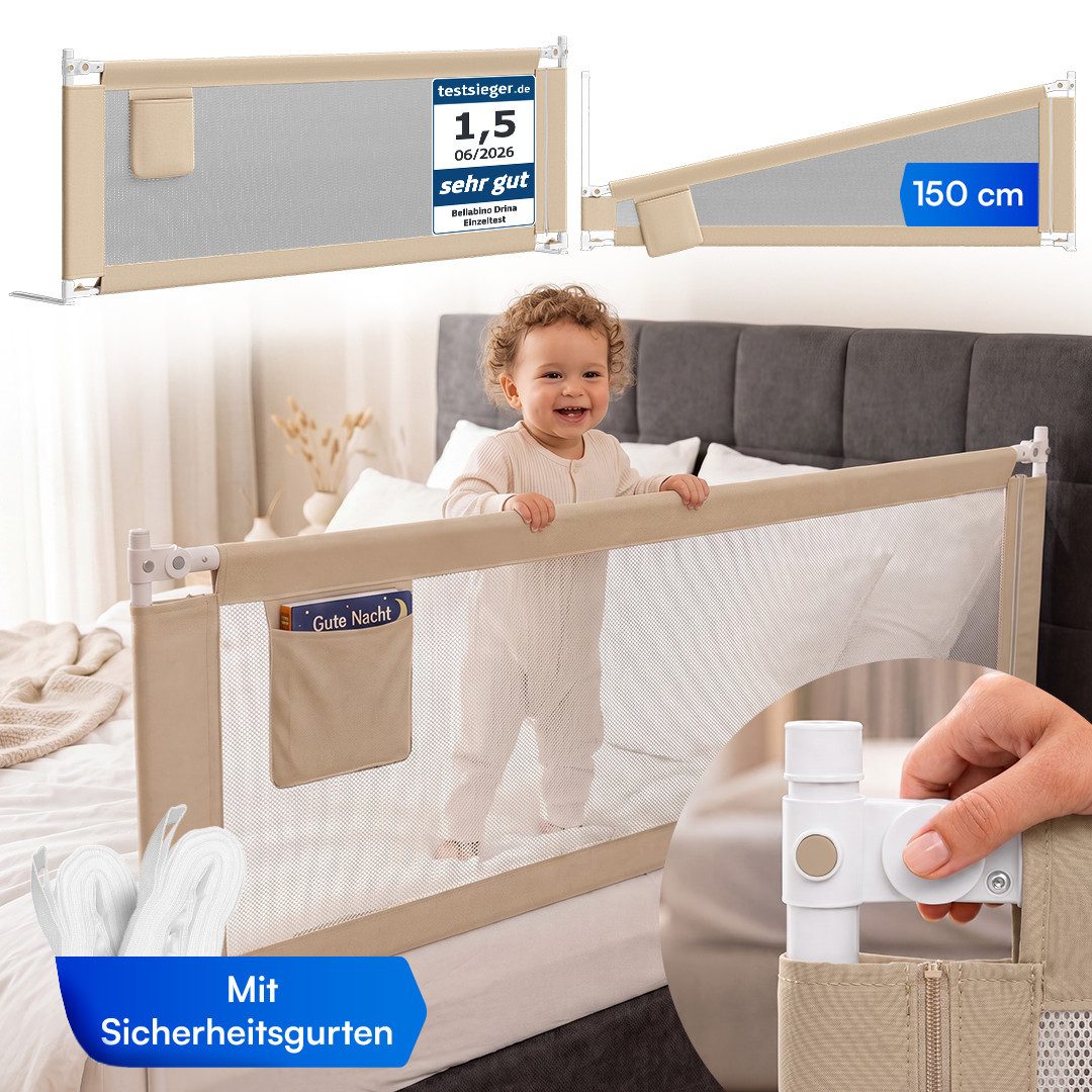 Bellabino Bettschutzgitter Rausfallschutz Drina, Kinderbettgitter höhenverstellbar (150 cm breit, 1 St., Beige, mit Sicherheitsgurt), Rausfallschutz, klappbar & kombinierbar, verfügbar in B 150/180/200 cm