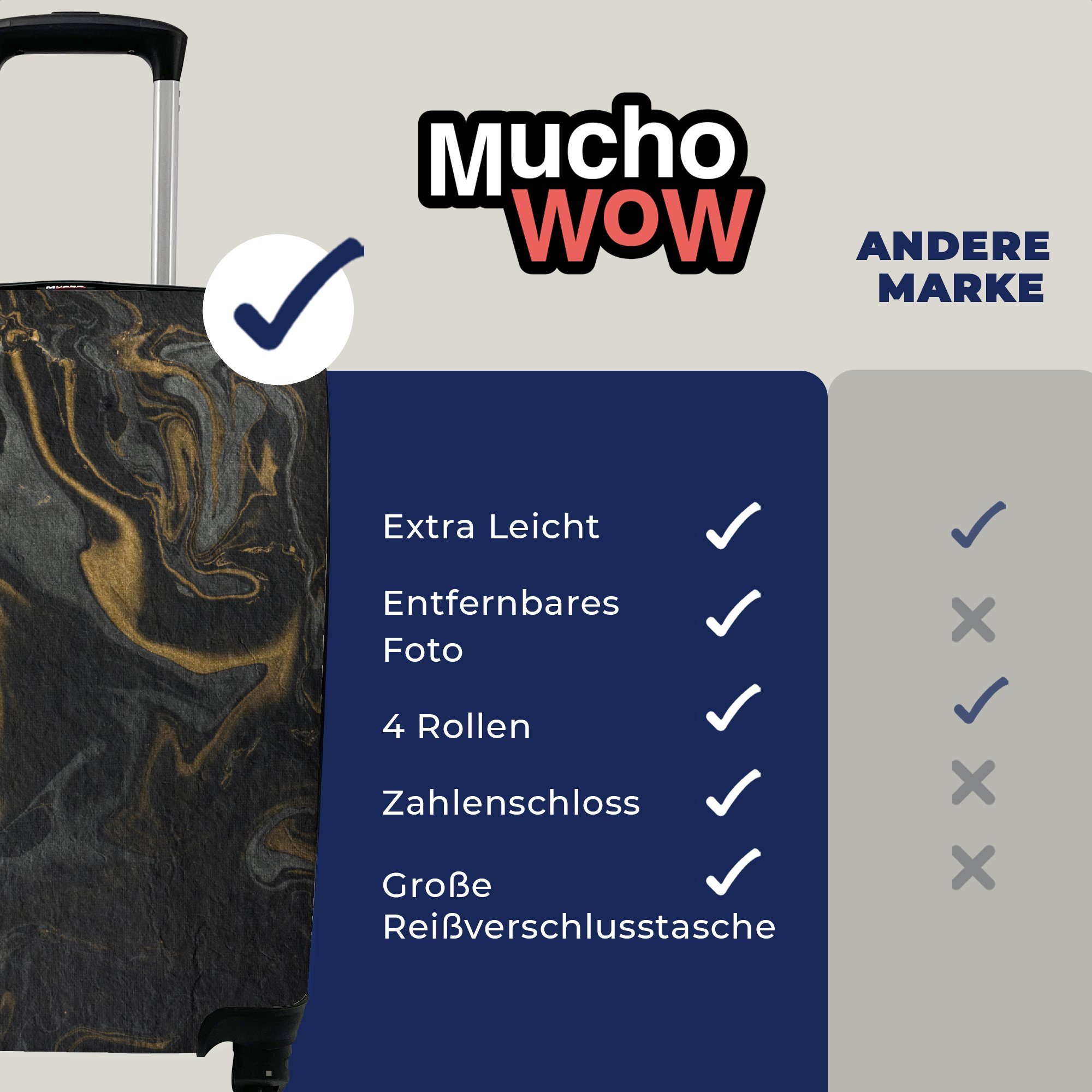 - - - Reisekoffer Reisetasche Textur - Handgepäckkoffer Handgepäck Marmor für 4 MuchoWow Gold Grau Marmoroptik - rollen, Luxus, Trolley, Ferien, mit Rollen,