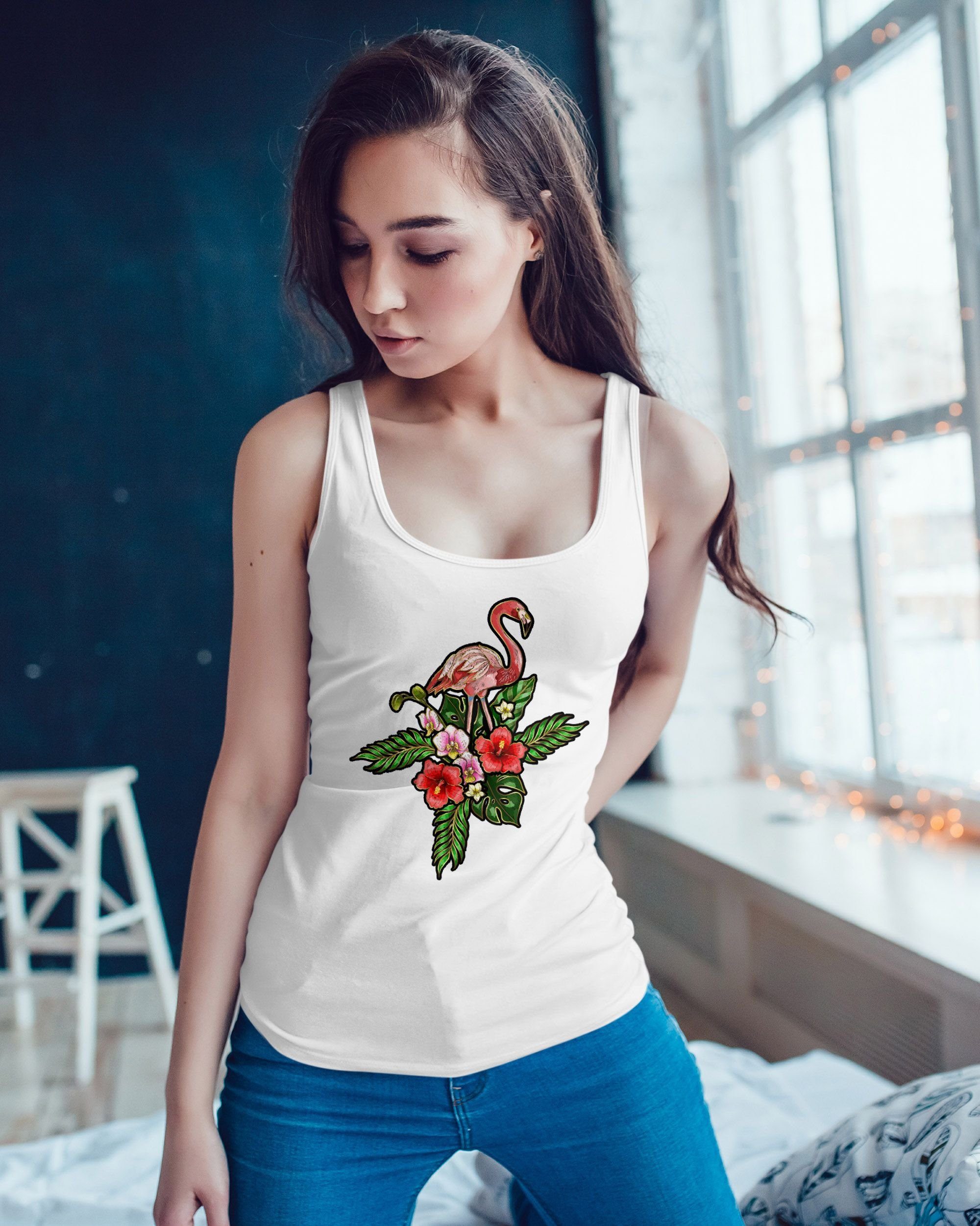 Neverless Tanktop Damen Tank-Top Flamingo Tropical Palmblätter Sommer Stick günstig online kaufen
