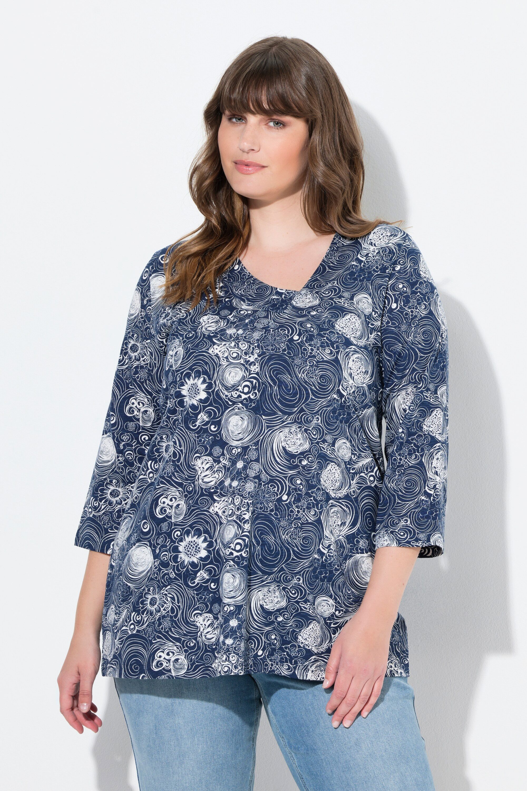 T-Shirt Shirt Biesen A-Linie V-Ausschnitt 3/4-Arm