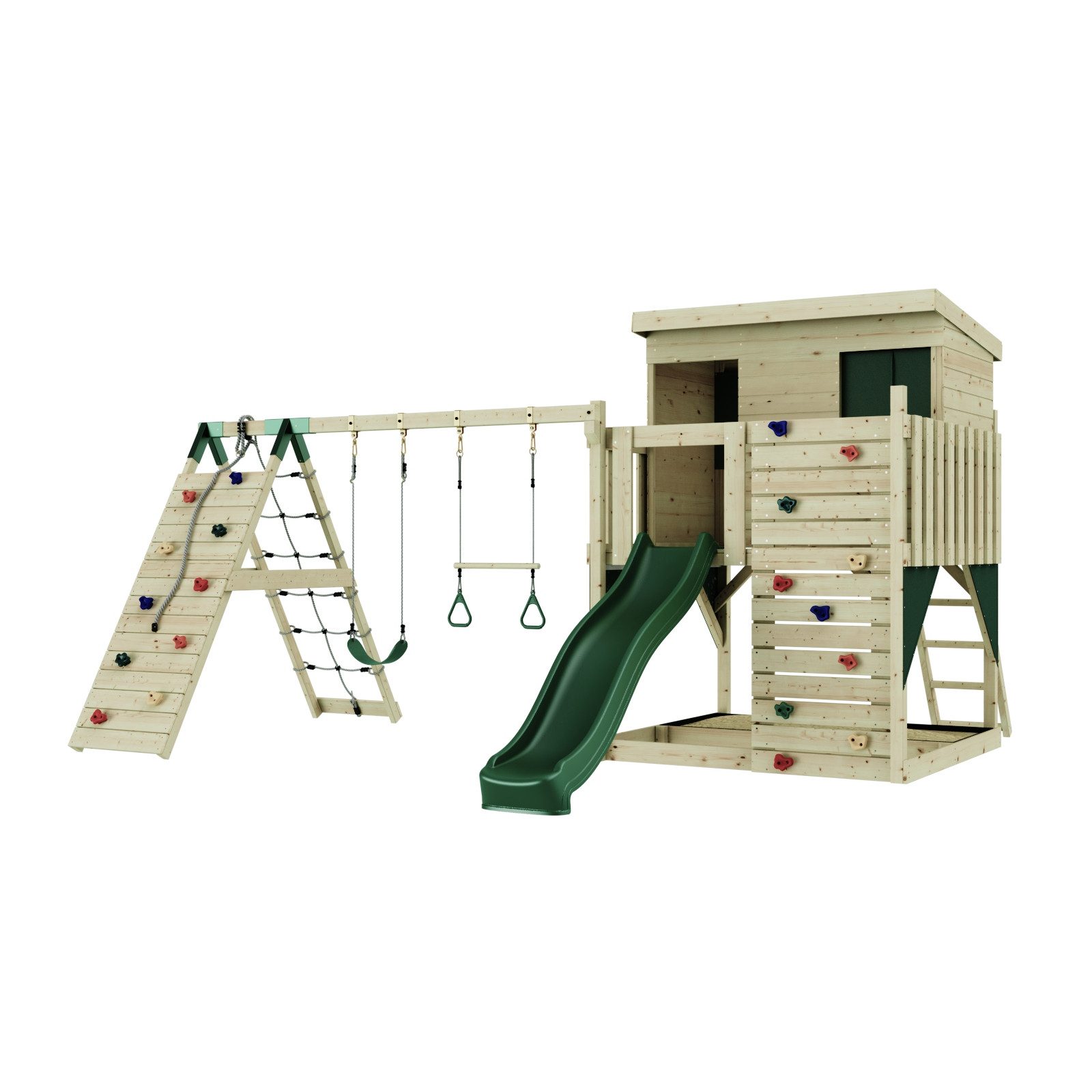 OutdoorToys Spielturm Aksel aus Holz in Dunkelgrün mit Trapezstange & Rutsche, Kletterwand, aus Holz in Dunkelgrün mit Trapezstange & Rutsche, Kletterwand
