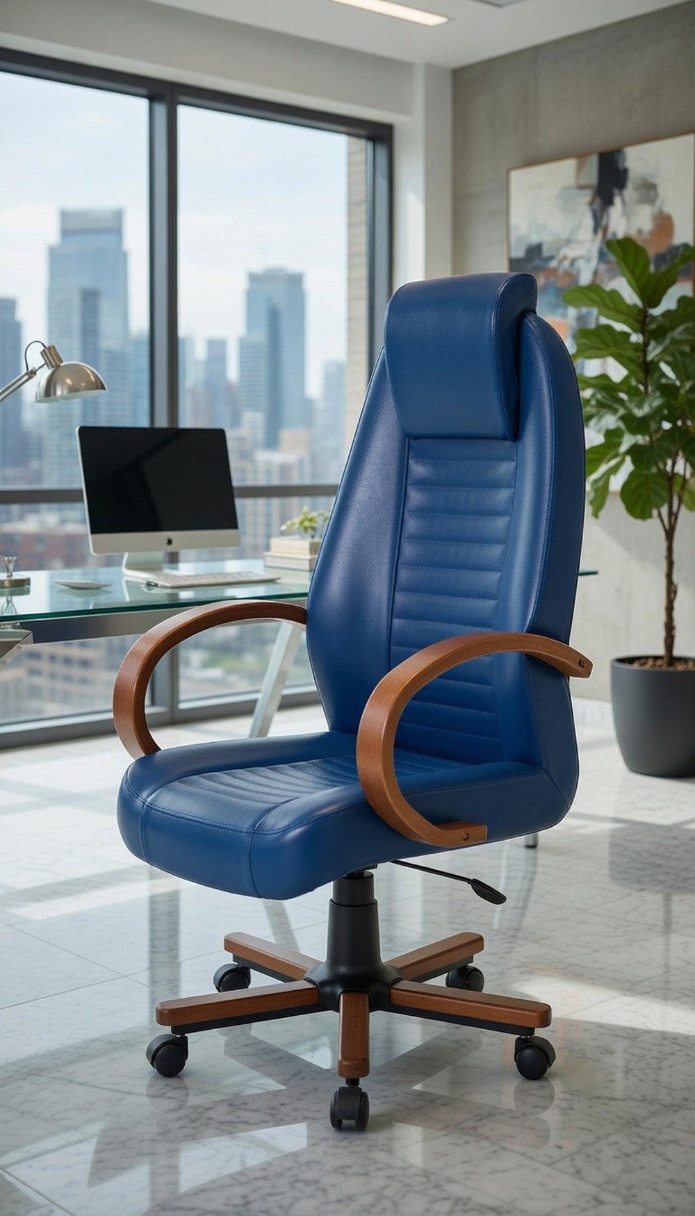 Xlmoebel Chefsessel Blauer Bürosessel mit Holzarmlehnen und drehbarer Funktion, Made in Europa