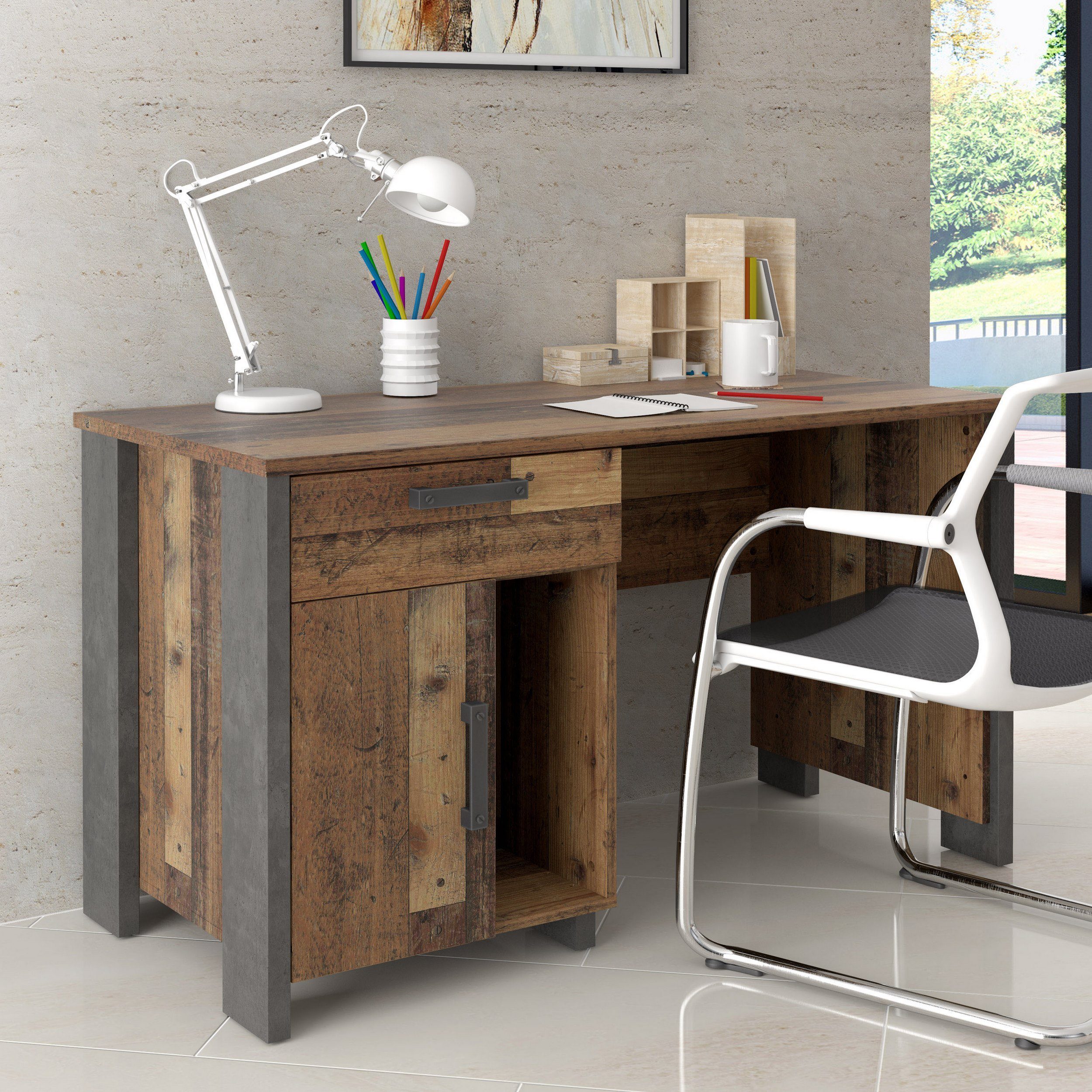 (Computertisch, Holz Holzwerkstoff, aus Stylefy variabel Optik Altes Califfo viel mit Bürotisch), stehend Schreibtisch Schublade, Optik Stauraum, Design, Beton Industrial