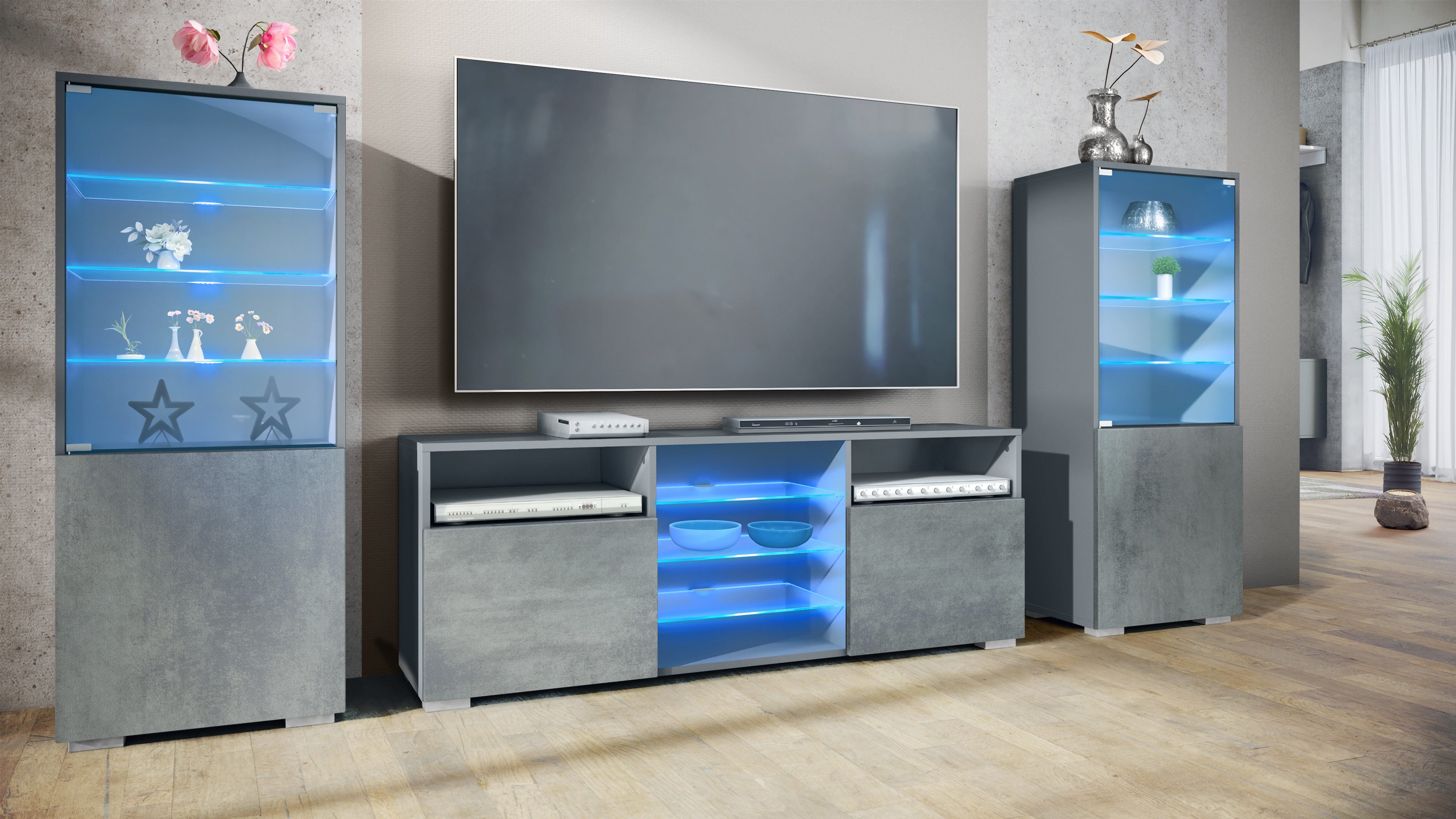 Vladon Wohnwand Granada, (Anbauwand, bestehend aus 2 Vitrinen, 1 TV-Board und LED-Beleuchtung), Anthrazit matt/Beton Dunkel Optik (286 x 122,5 x 35 cm)