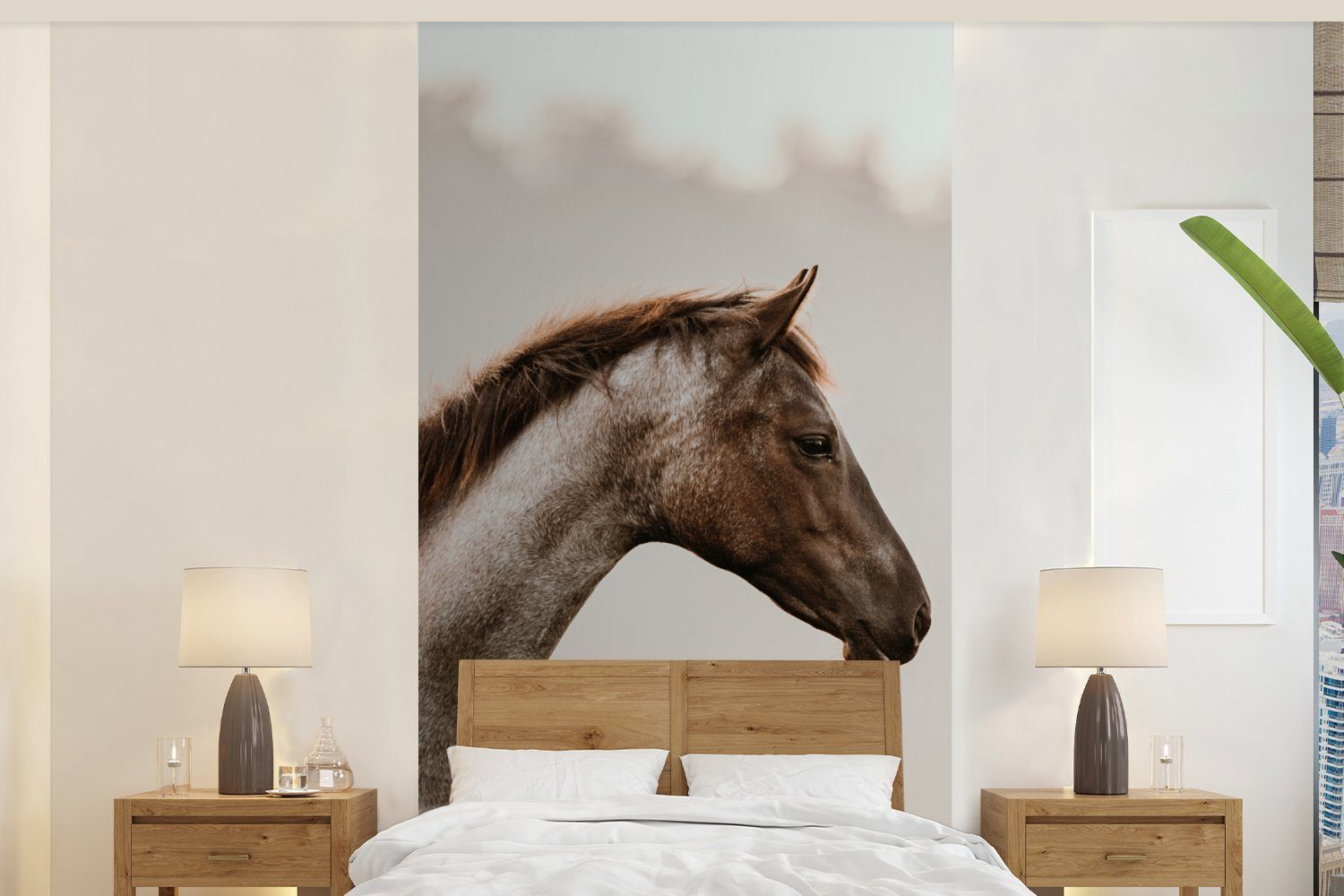 MuchoWow Fototapete Pferd - Nebel - Natur, Matt, bedruckt, (2 St), Vliestapete für Wohnzimmer Schlafzimmer Küche, Fototapete