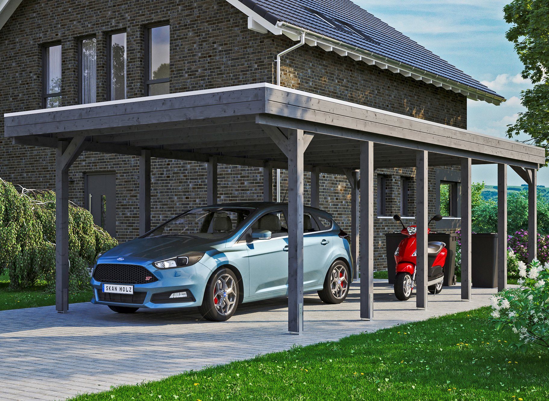 Skanholz Einzelcarport Friesland, 397x860 cm cm, Flachdach-Carport Einfahrtshöhe, BxT: 221 Aluminium-Dachplatten mit