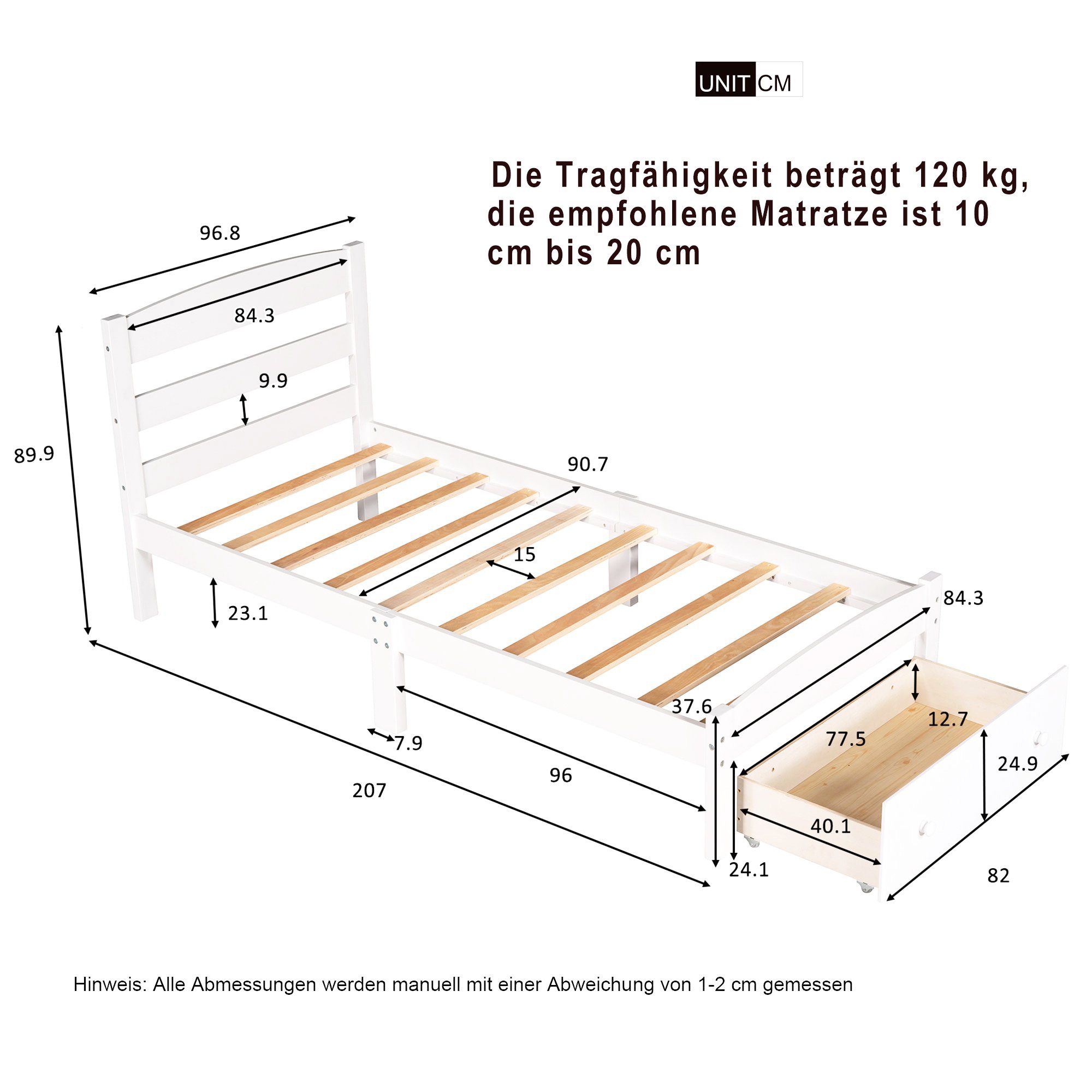 Kinderbett (1-tlg), Jugendbett 90x200 Funktionsbett aus Kiefernholz Weiß mit Schublade und Lattenrost