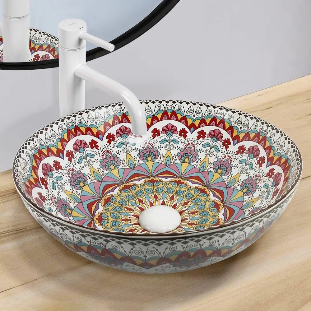 wohnwerk.idee Aufsatzwaschbecken Waschbecken Bunt Rot Blau Vintage Mexikanisch Ornamente Arte